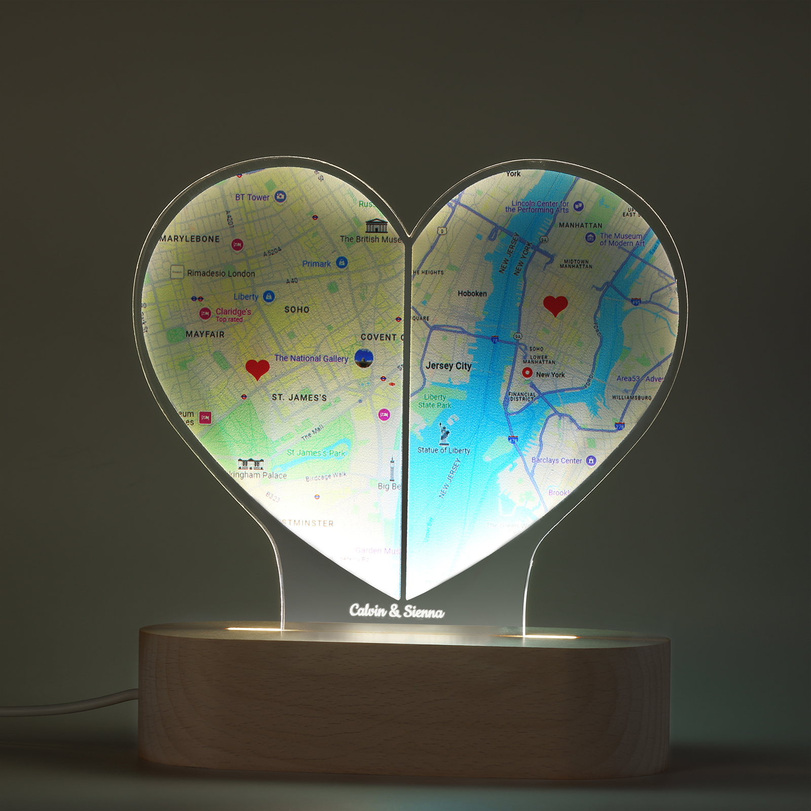 Personalized Two Location Heart Night Light Custom Map Print for Long Distance Love Anniversary and Couple Gifts