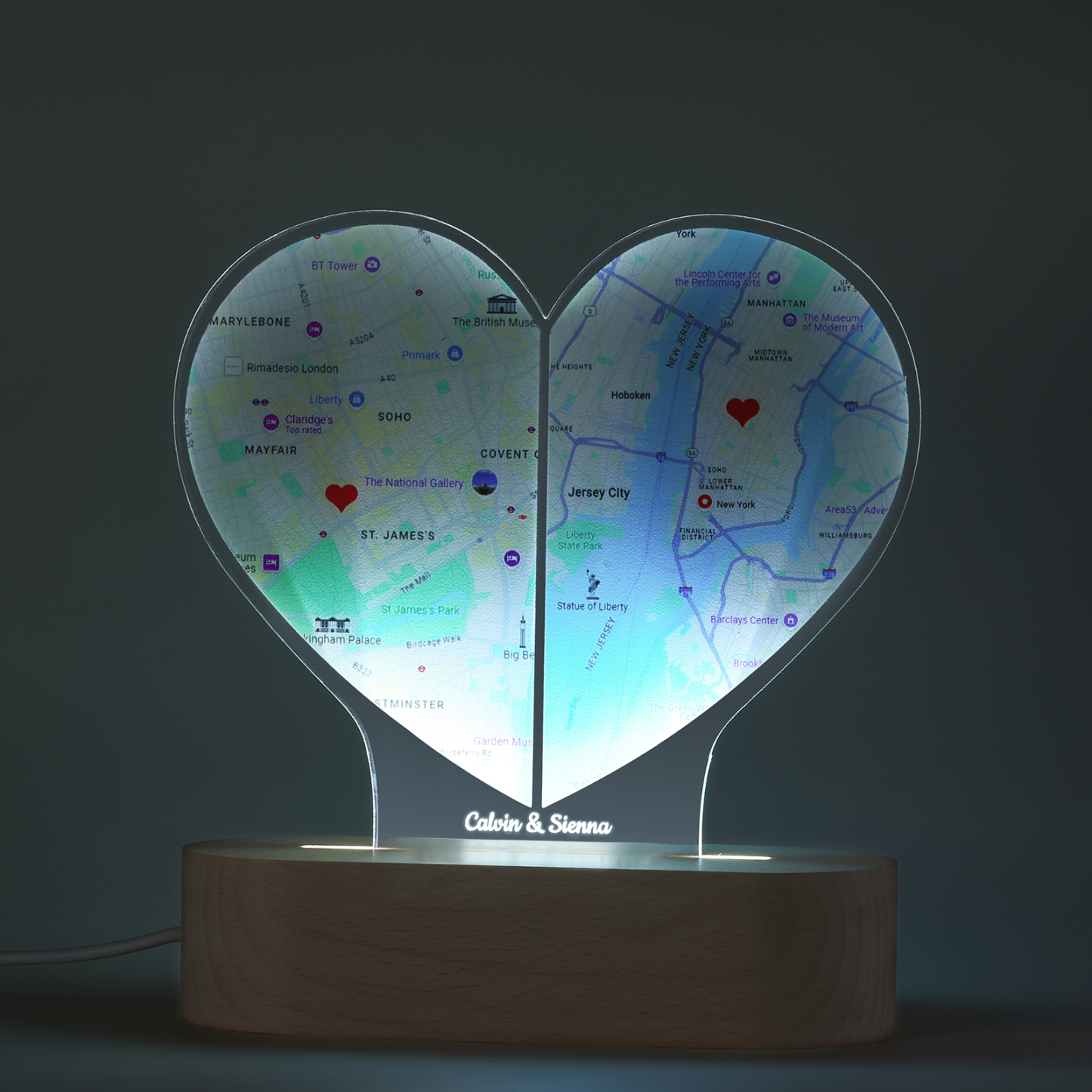 Personalized Two Location Heart Night Light Custom Map Print for Long Distance Love Anniversary and Couple Gifts