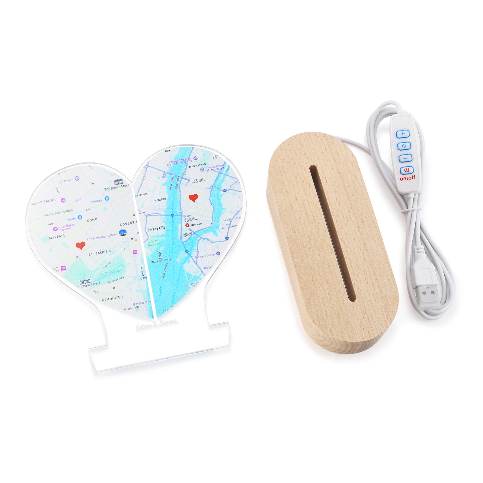 Personalized Two Location Heart Night Light Custom Map Print for Long Distance Love Anniversary and Couple Gifts