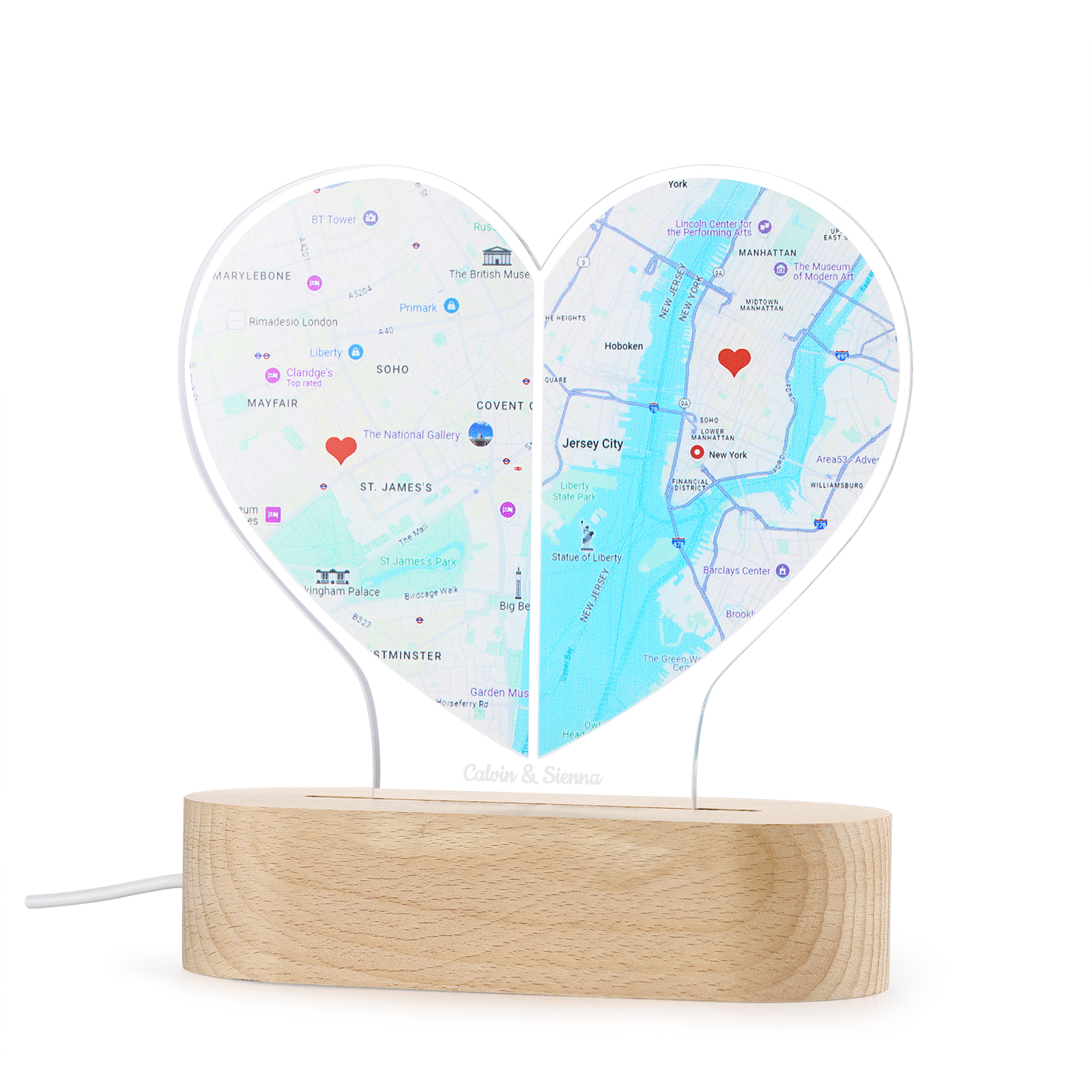 Personalized Two Location Heart Night Light Custom Map Print for Long Distance Love Anniversary and Couple Gifts