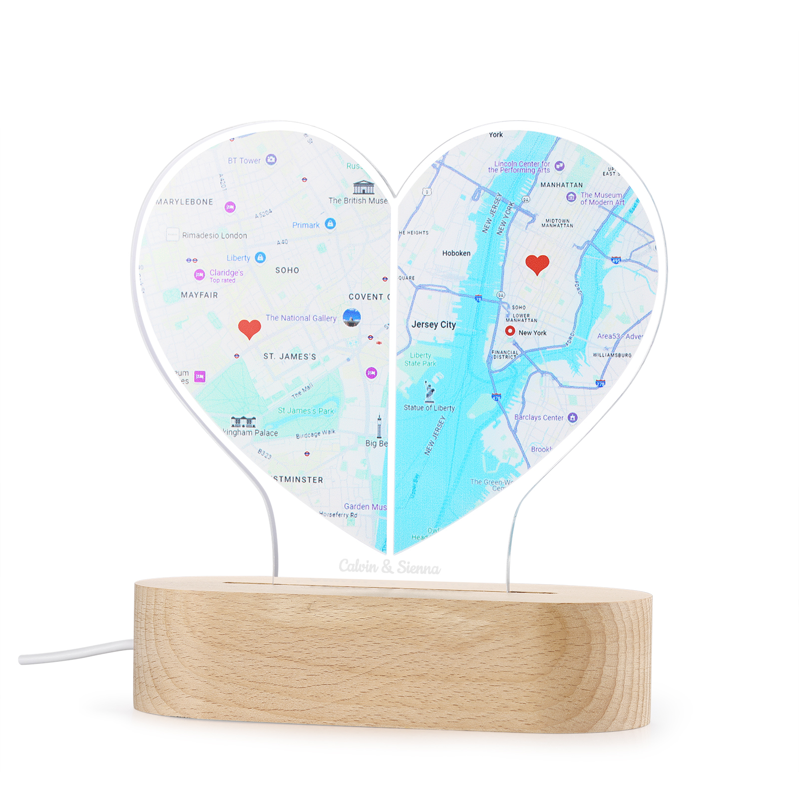 Personalized Two Location Heart Night Light Custom Map Print for Long Distance Love Anniversary and Couple Gifts