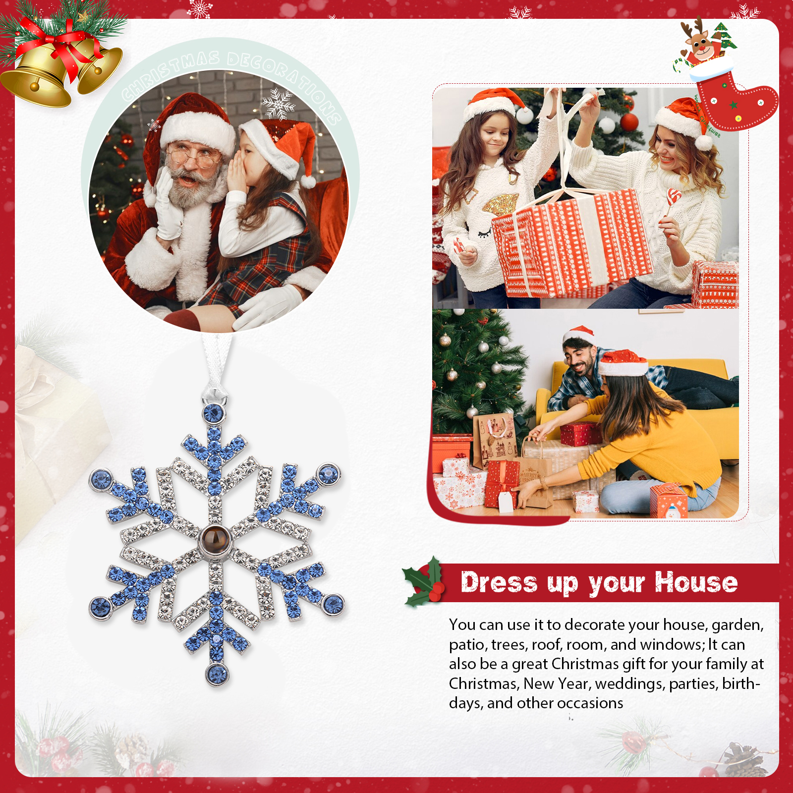 Personalized Christmas Tree Ornament with Photo Projection Snowflake Hanging Ornament in Pink or Blue