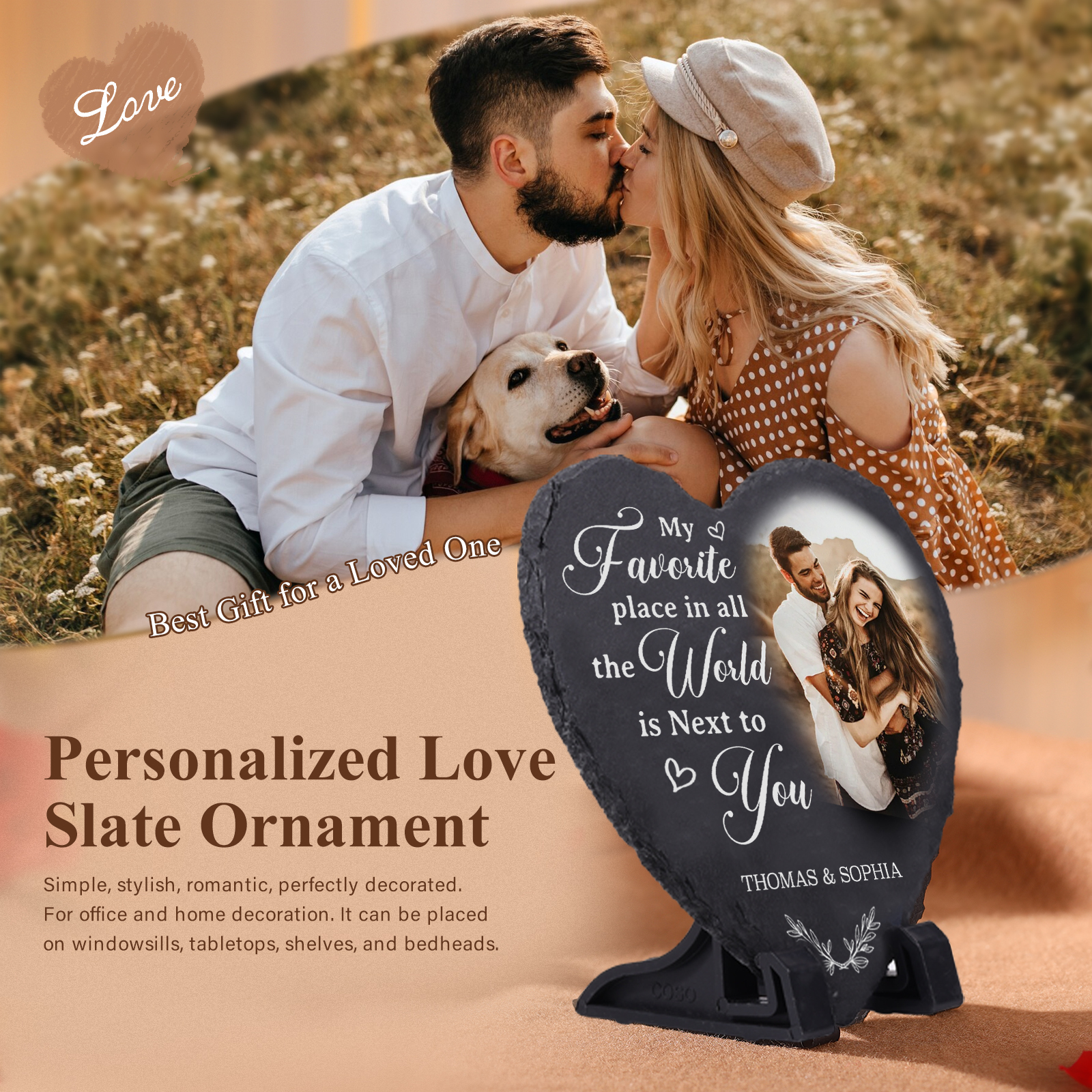 Personalized Shaped Stone with Stand My Favorite Place In All The World Is Next To You Heart Shaped Gift for Couple