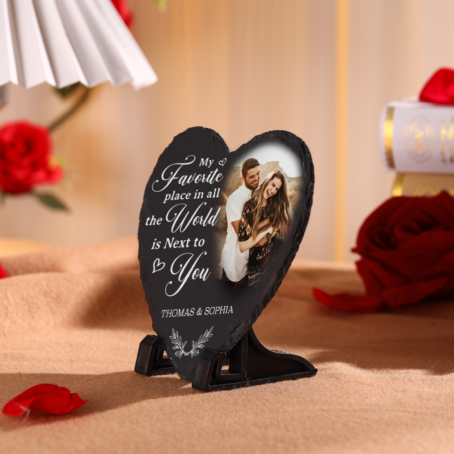 Personalized Shaped Stone with Stand My Favorite Place In All The World Is Next To You Heart Shaped Gift for Couple