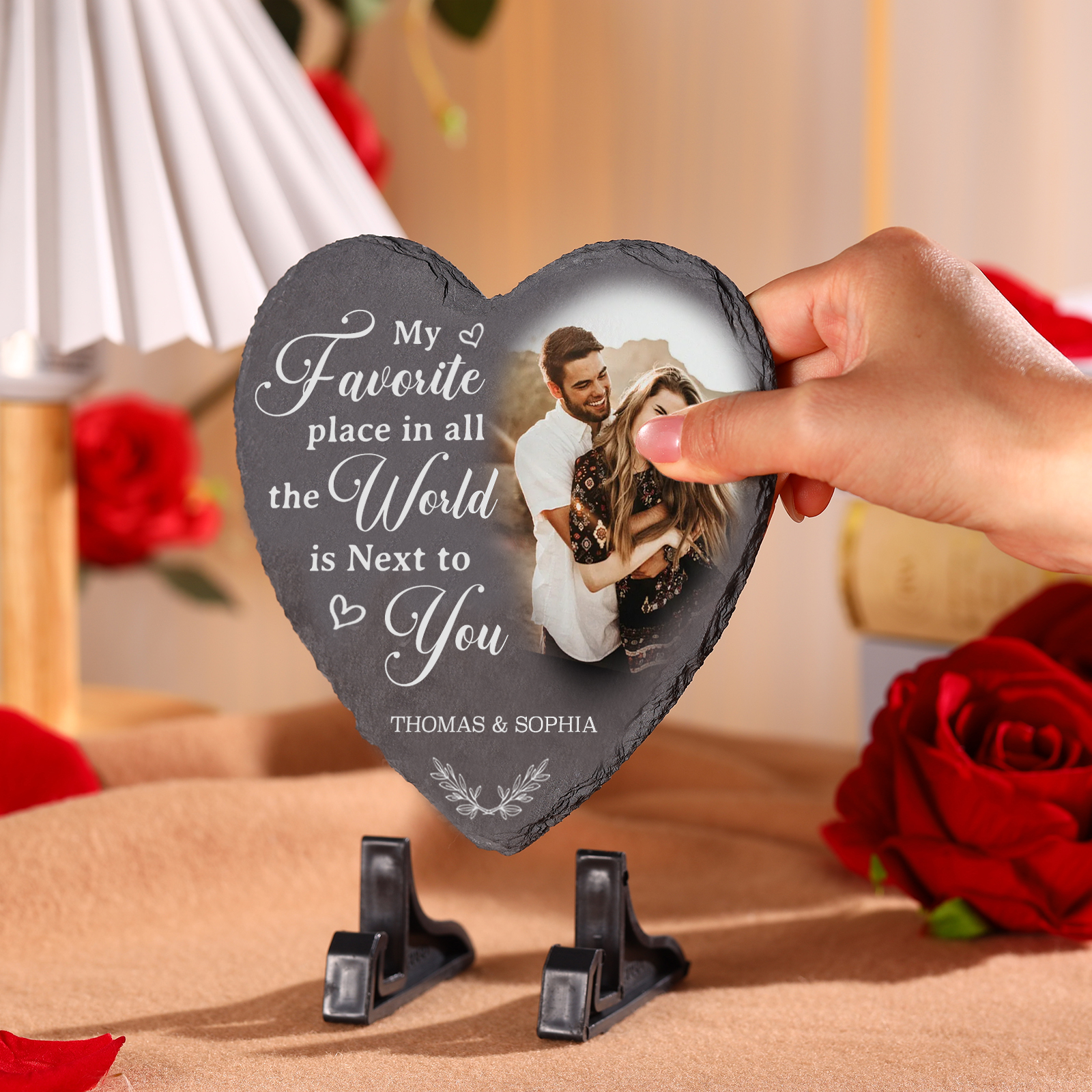 Personalized Shaped Stone with Stand My Favorite Place In All The World Is Next To You Heart Shaped Gift for Couple