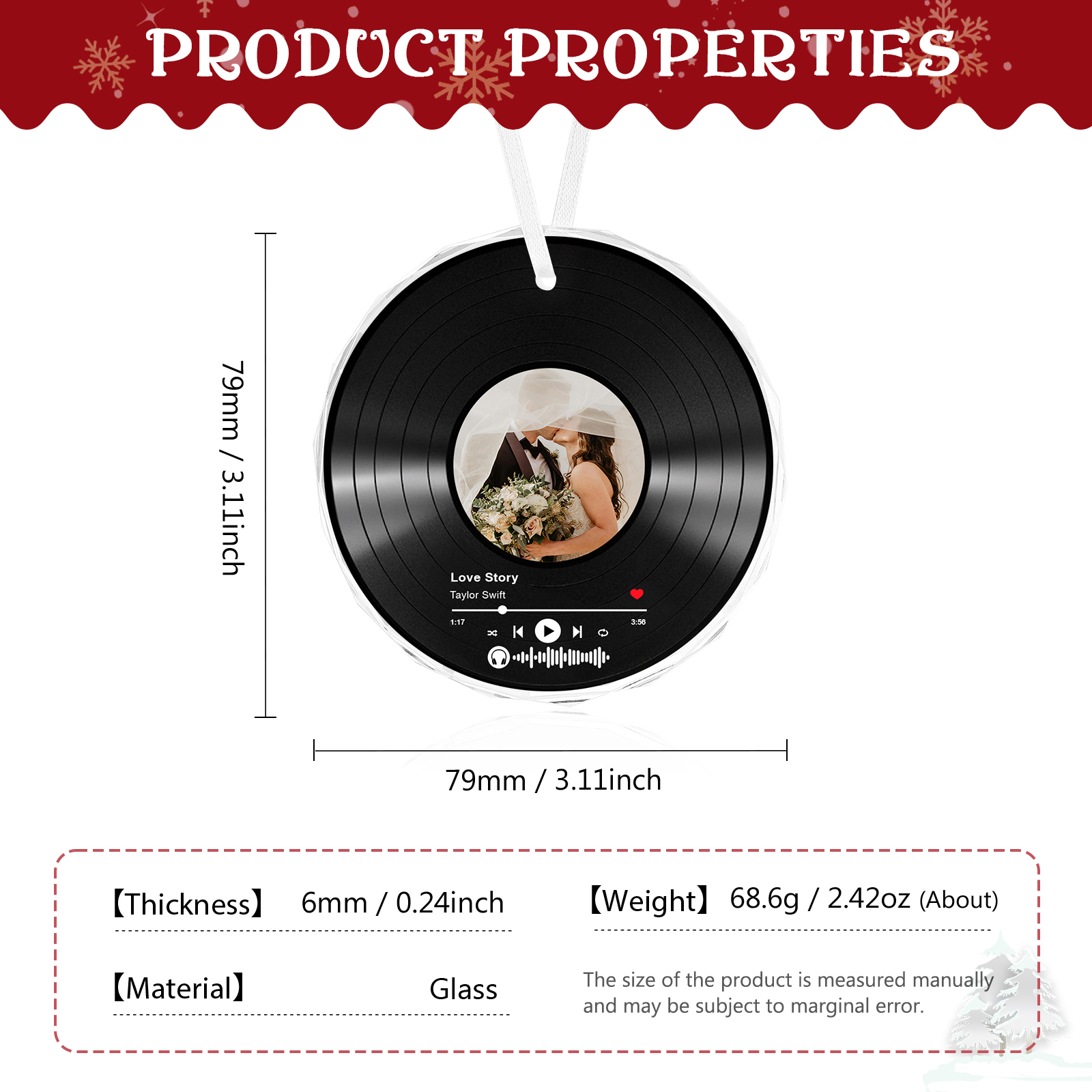 Personalized Photo and Song Ornament Custom Photo Record Ornament Gift for Couple