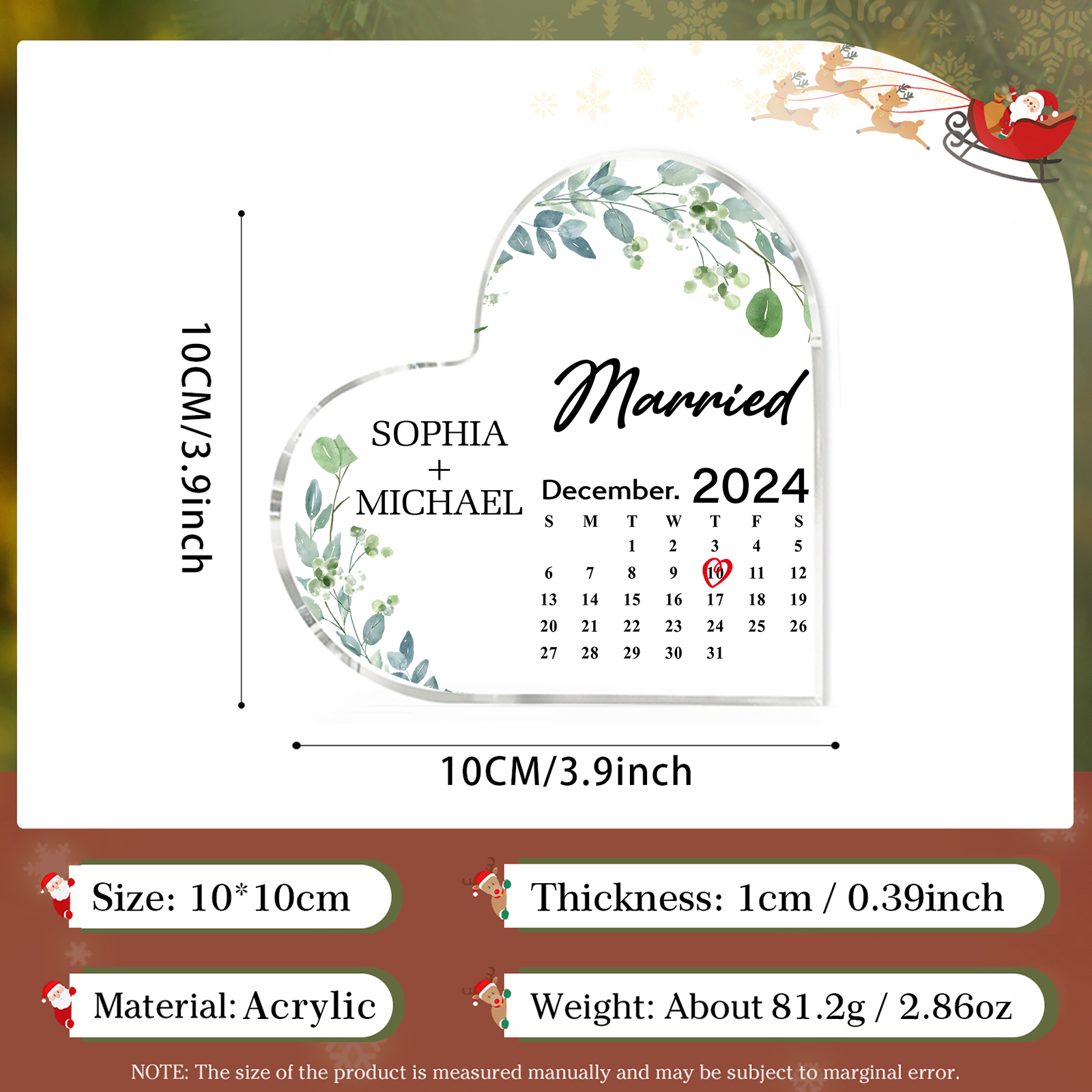 Personalized Heart Shaped Acrylic Plaque Married Custom 1 Date 2 Names 1 Text Gift for Couple