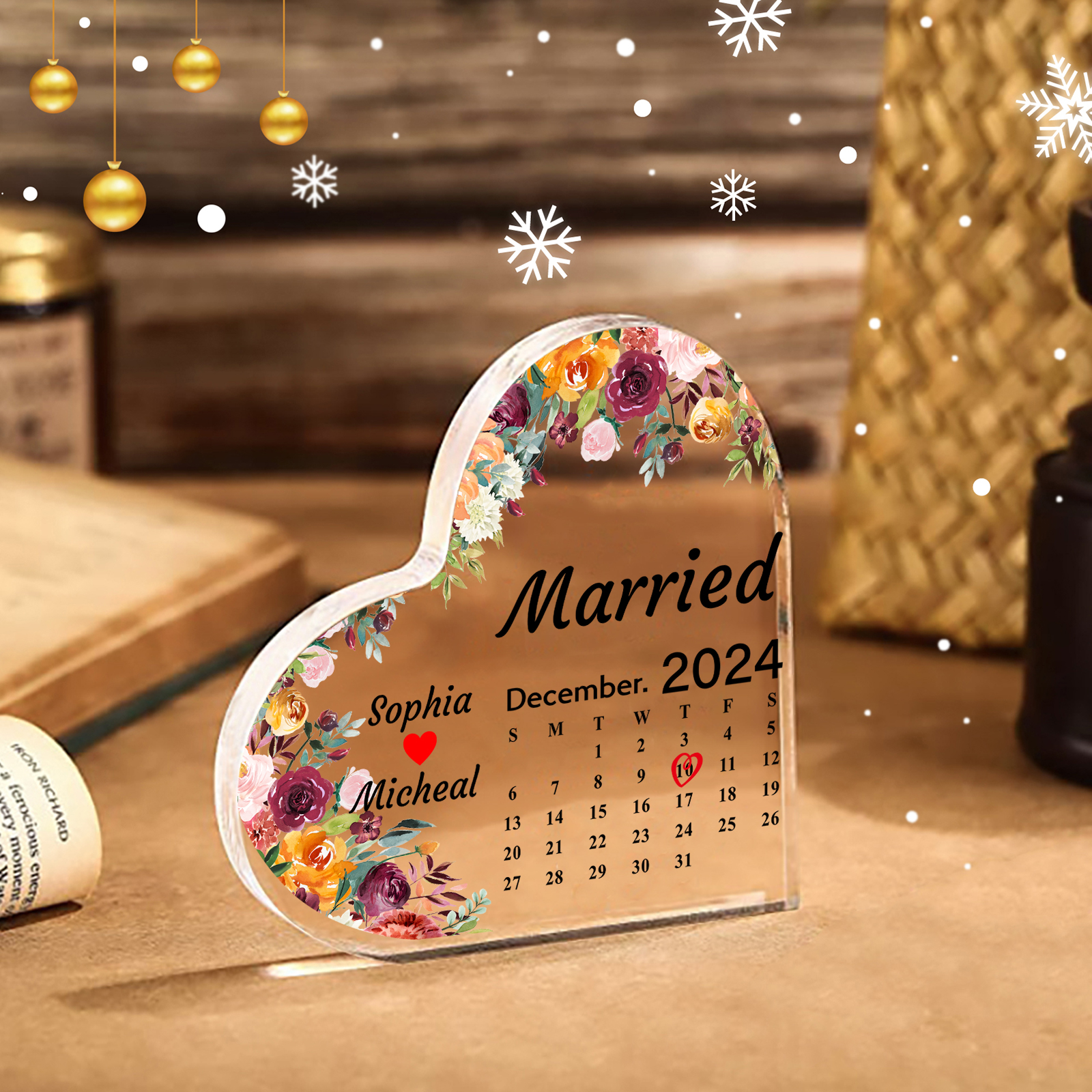 Personalized Heart Shaped Acrylic Plaque Married Custom 1 Date 2 Names 1 Text Gift for Couple