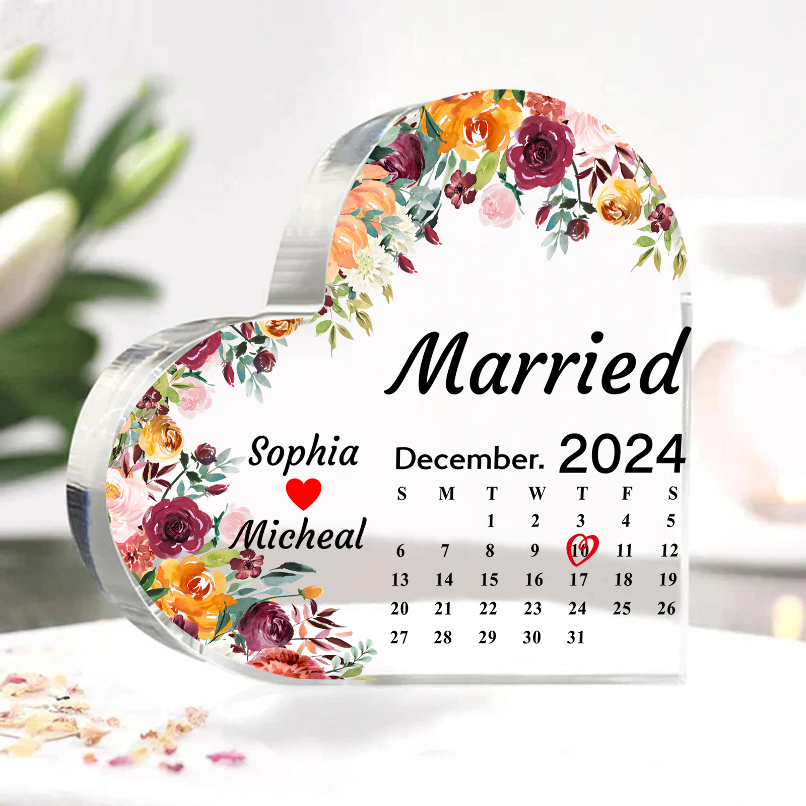 Personalized Heart Shaped Acrylic Plaque Married Custom 1 Date 2 Names 1 Text Gift for Couple