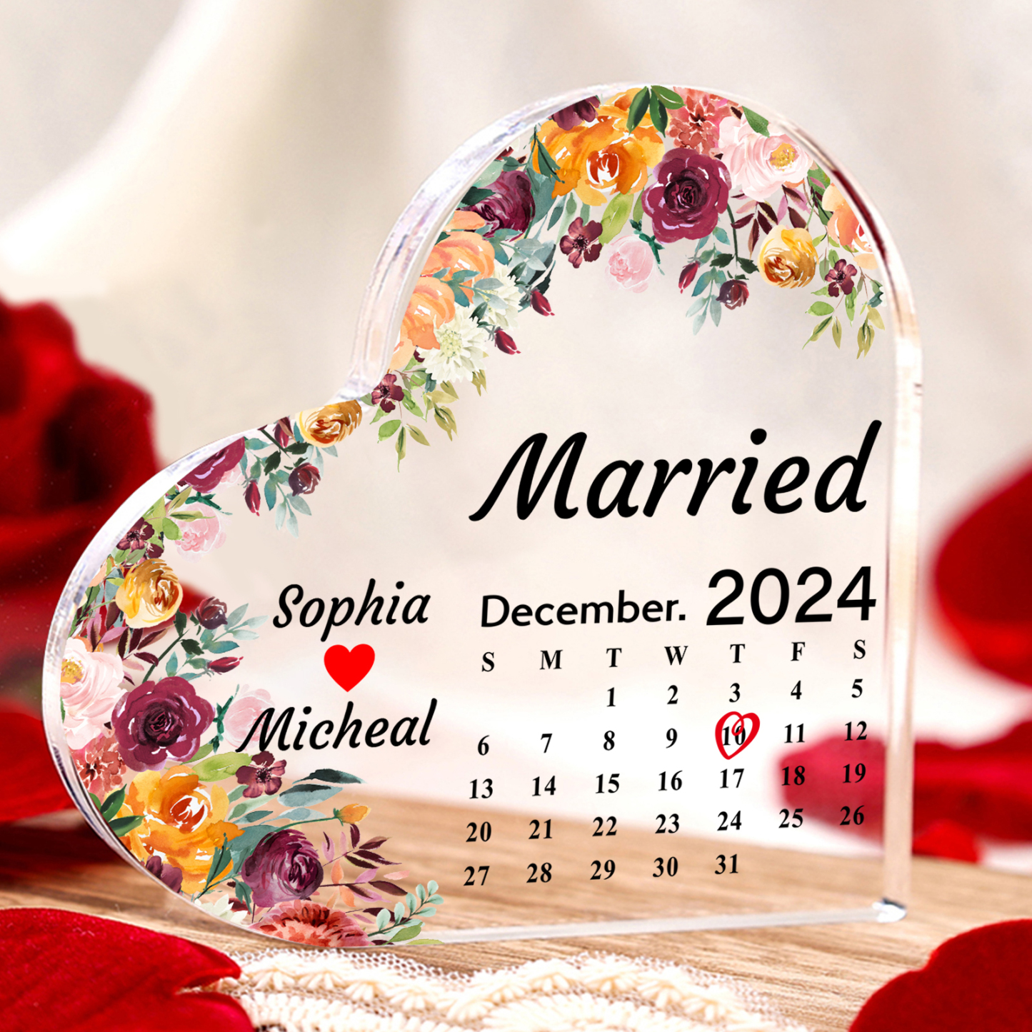 Personalized Heart Shaped Acrylic Plaque Married Custom 1 Date 2 Names 1 Text Gift for Couple