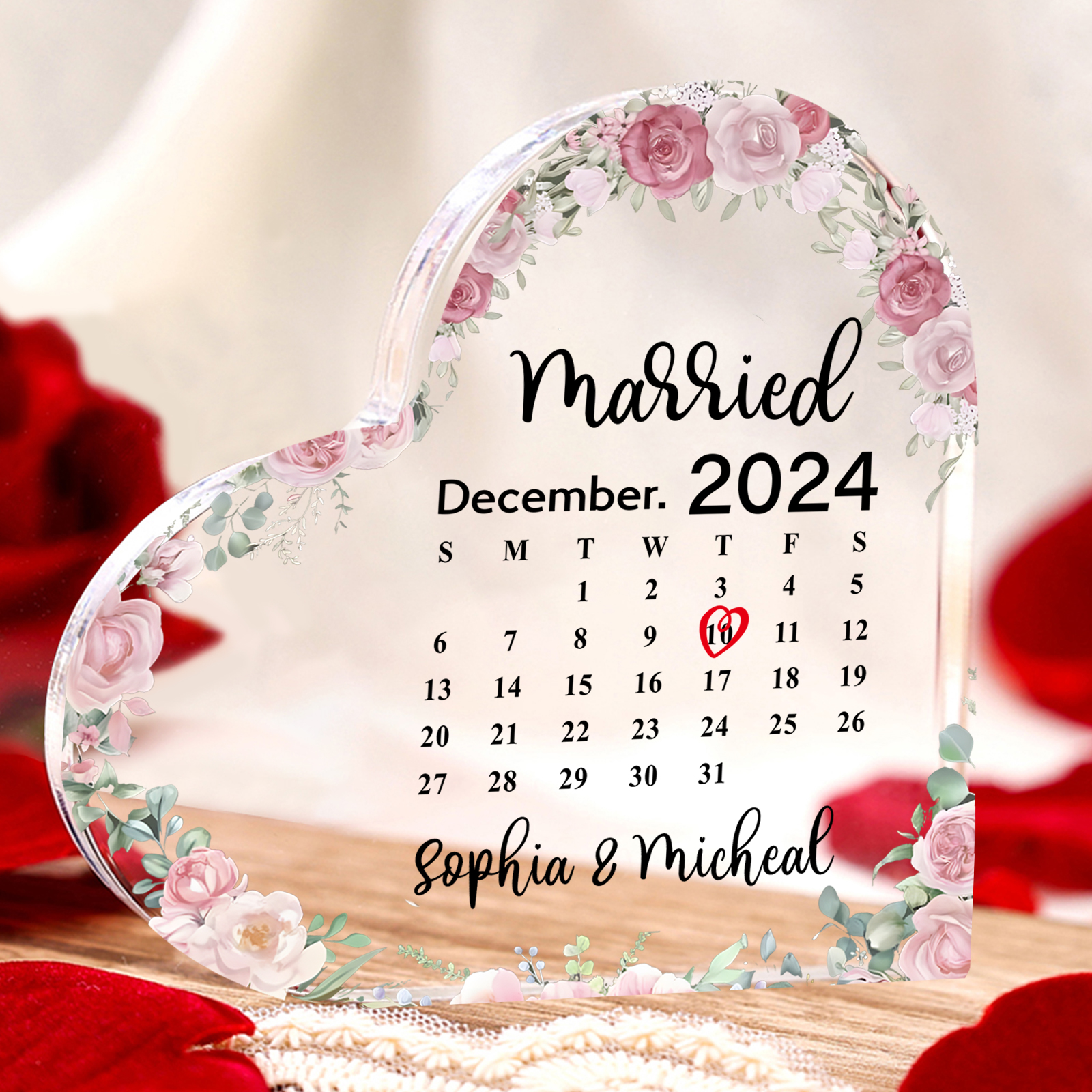 Personalized Heart Shaped Acrylic Plaque Married Custom 1 Date 2 Names 1 Text Gift for Couple