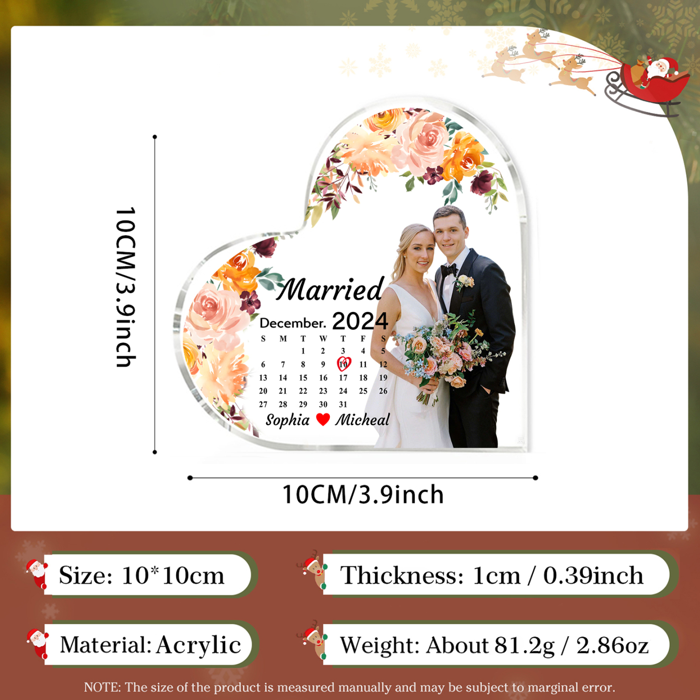 Personalized Heart Shaped Acrylic Plaque Married Custom 1 Date 2 Names 1 Text Gift for Couple