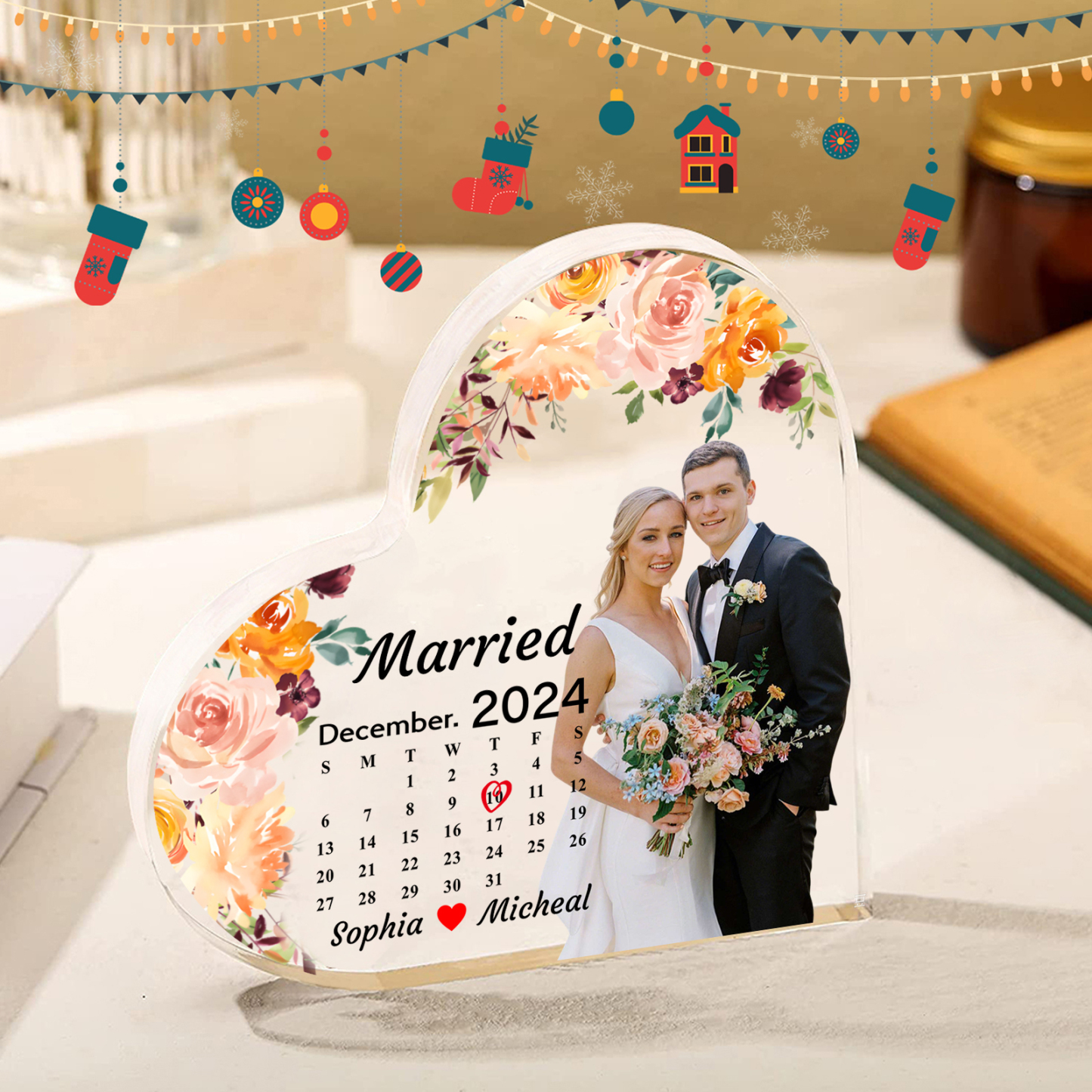 Personalized Heart Shaped Acrylic Plaque Married Custom 1 Date 2 Names 1 Text Gift for Couple