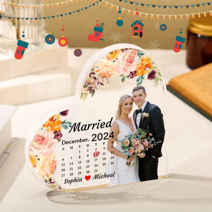 Personalized Heart Shaped Acrylic Plaque Married Custom 1 Date 2 Names 1 Text Gift for Couple
