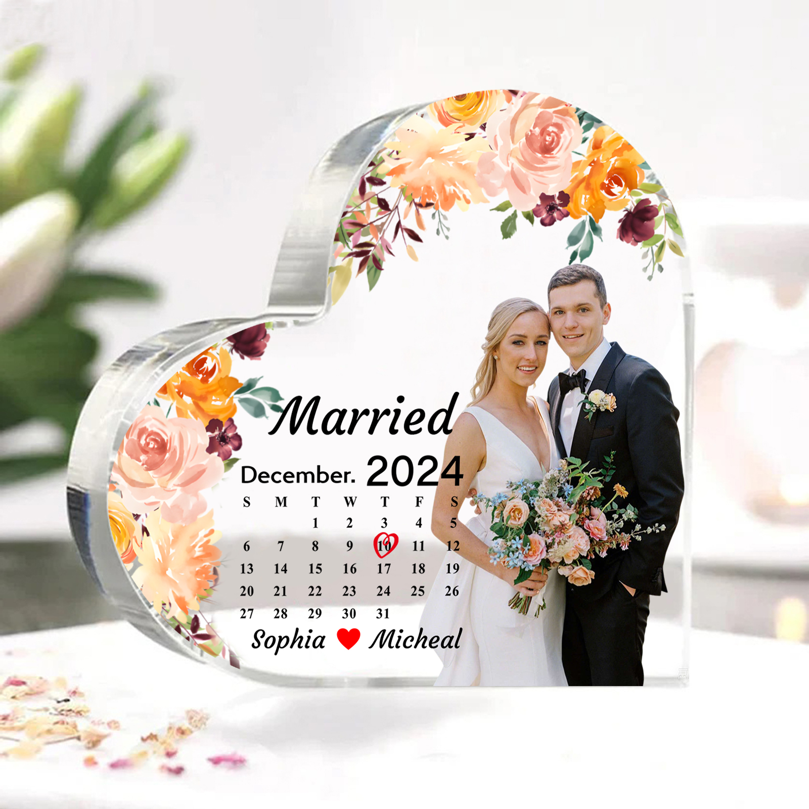 Personalized Heart Shaped Acrylic Plaque Married Custom 1 Date 2 Names 1 Text Gift for Couple