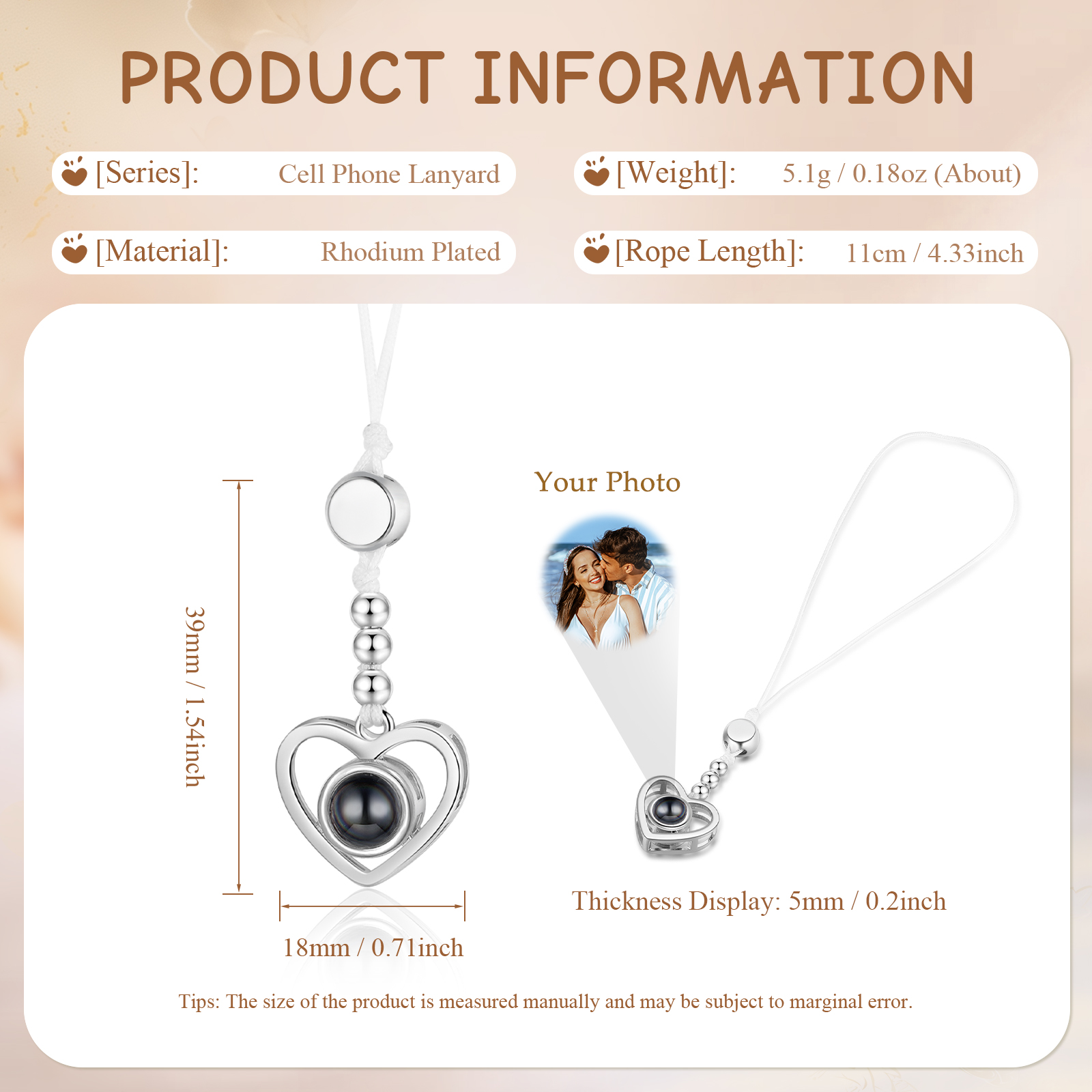 Personalized Projection Mobile Phone Strap Heart & Camera Shaped Gift for Lover