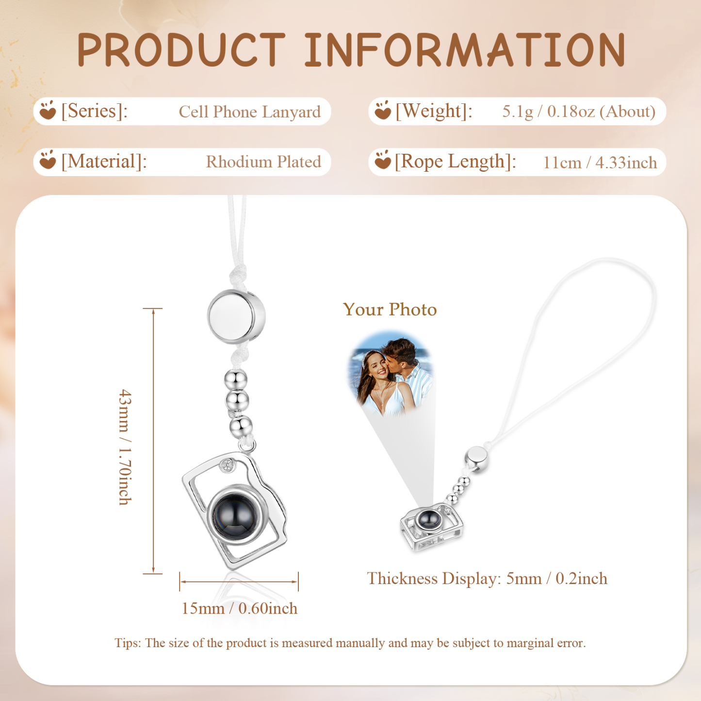 Personalized Projection Mobile Phone Strap Heart & Camera Shaped Gift for Lover