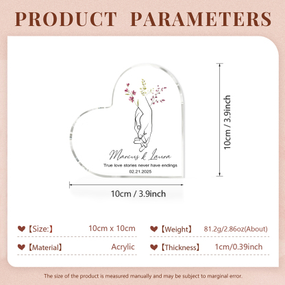 Personalised Heart-Shaped Acrylic Ornament Holding Hands Customized 2 Names 1 Date 1 Text Valentines Day Gift for Him