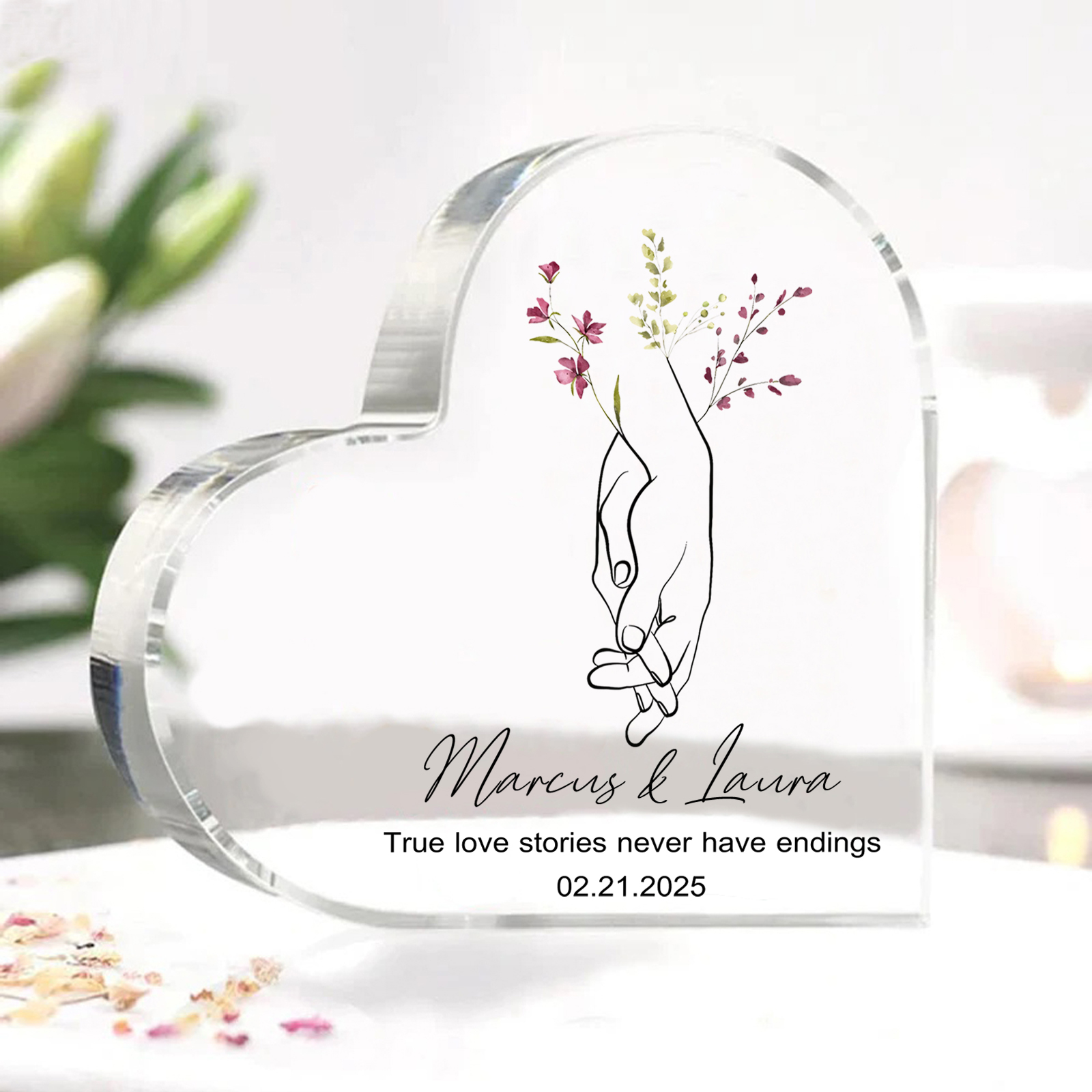 Personalised Heart-Shaped Acrylic Ornament Holding Hands Customized 2 Names 1 Date 1 Text Valentines Day Gift for Him