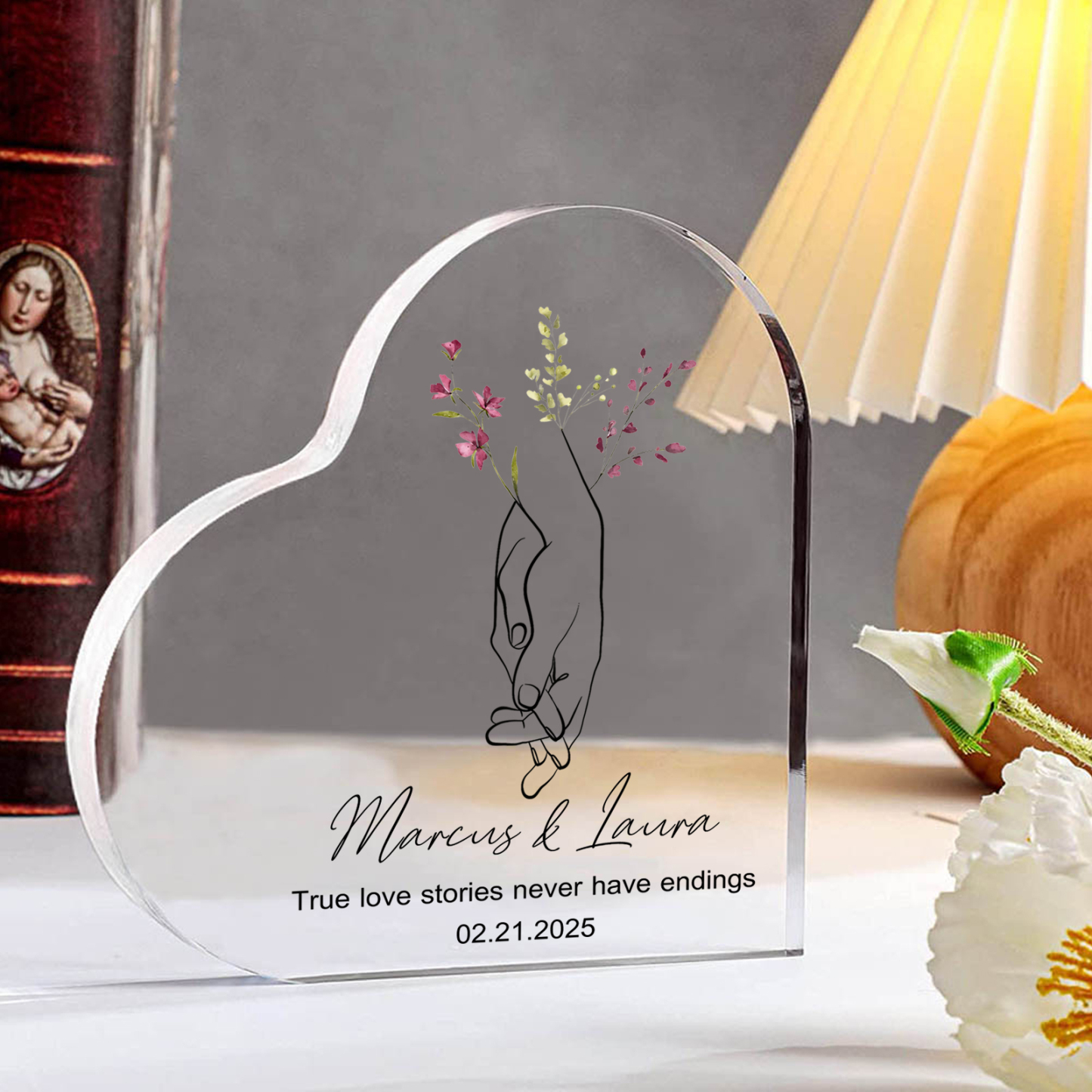 Personalised Heart-Shaped Acrylic Ornament Holding Hands Customized 2 Names 1 Date 1 Text Valentines Day Gift for Him