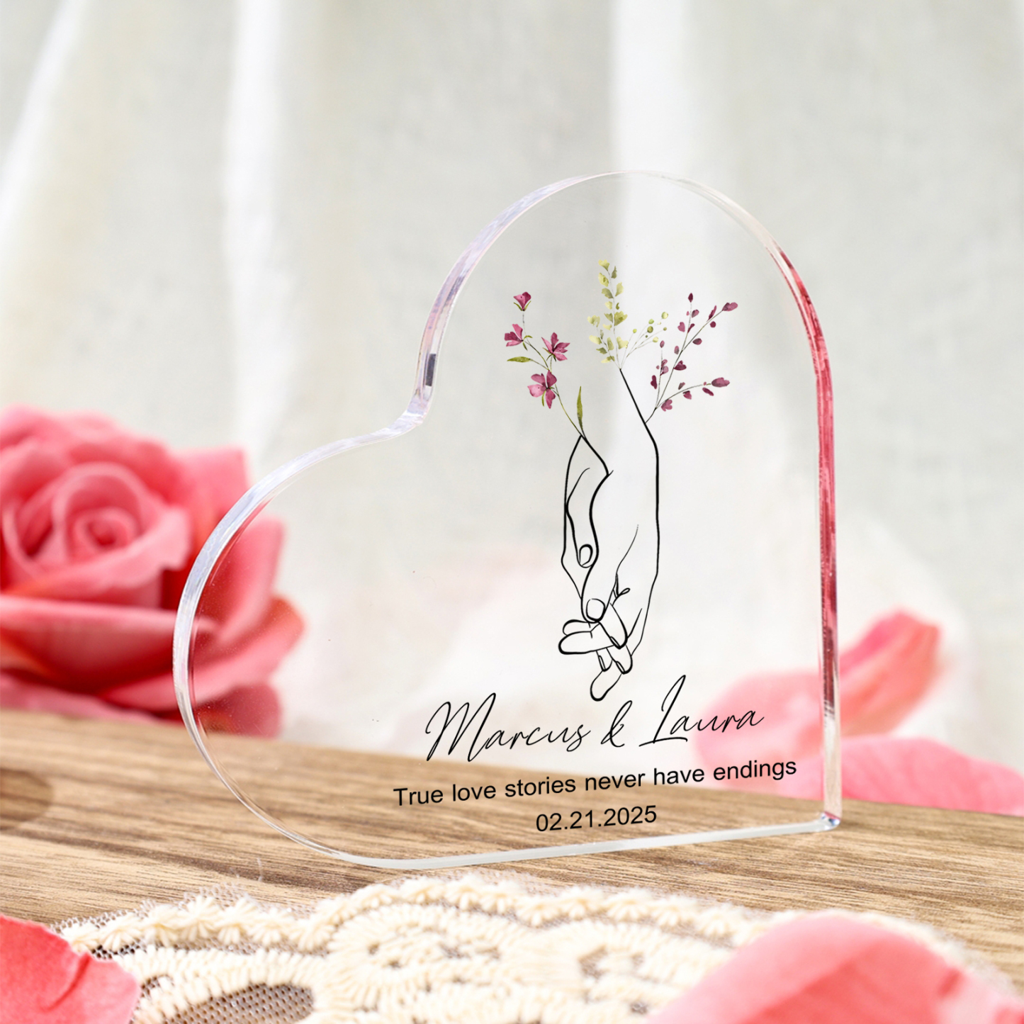 Personalised Heart-Shaped Acrylic Ornament Holding Hands Customized 2 Names 1 Date 1 Text Valentines Day Gift for Him