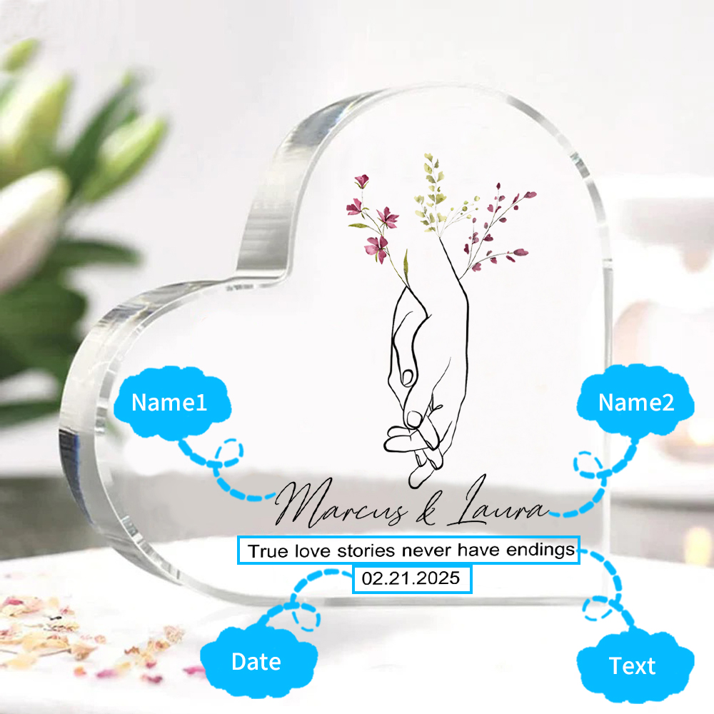 Personalised Heart-Shaped Acrylic Ornament Holding Hands Customized 2 Names 1 Date 1 Text Valentines Day Gift for Him