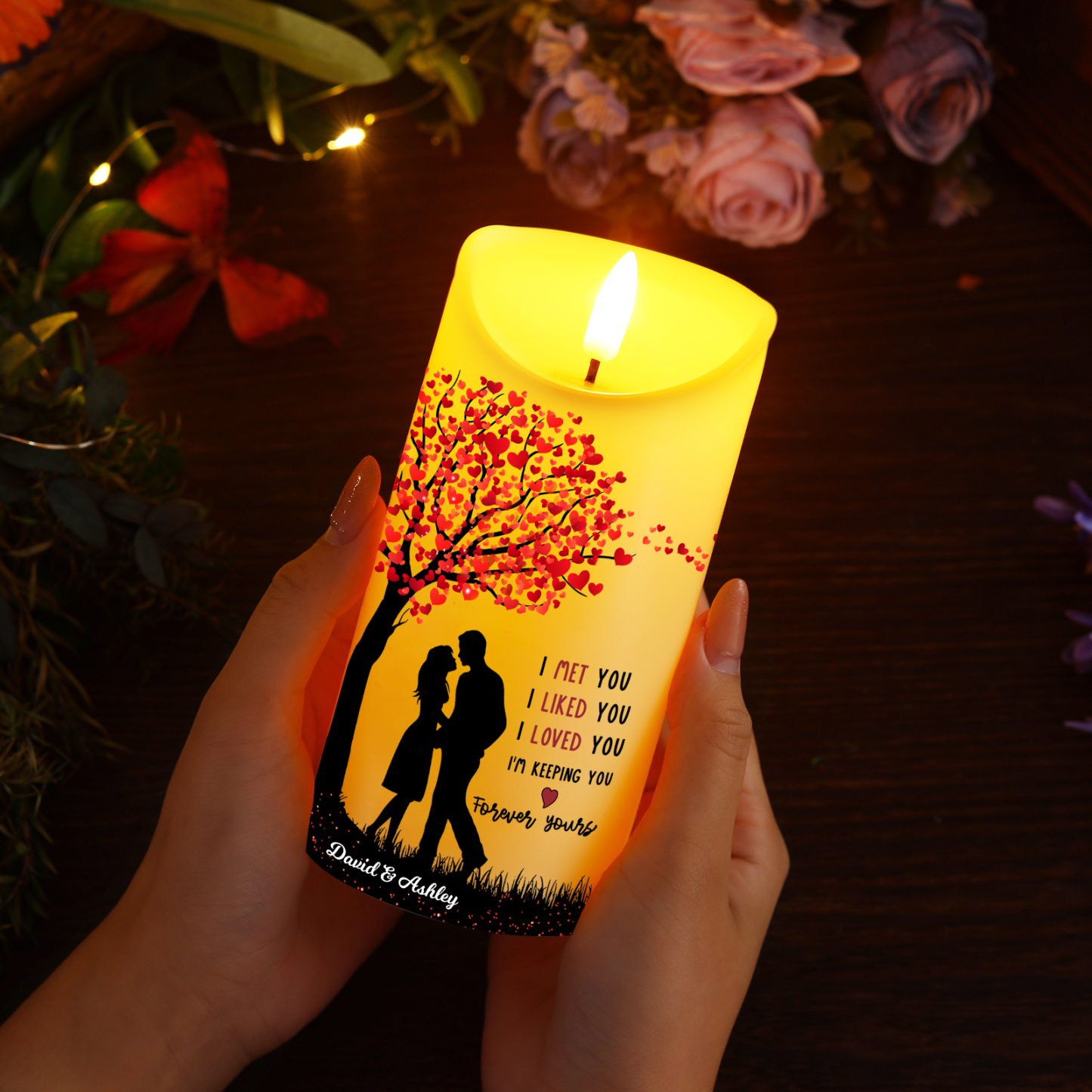 Personalized LED Candle I Met You I Loved You Couple Standing Under the Heart Tree