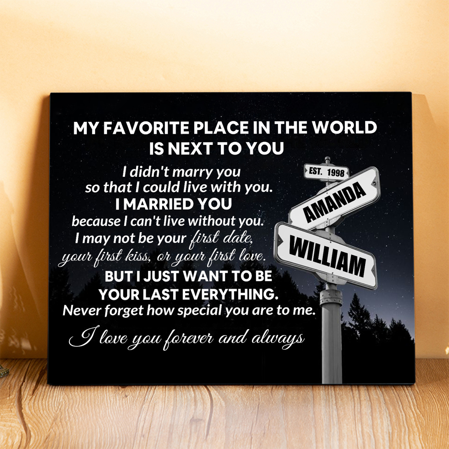 Personalized 2 Names and Year Wooden Plaque My Favorite Place in the World Is by Your Side Gift for Couples