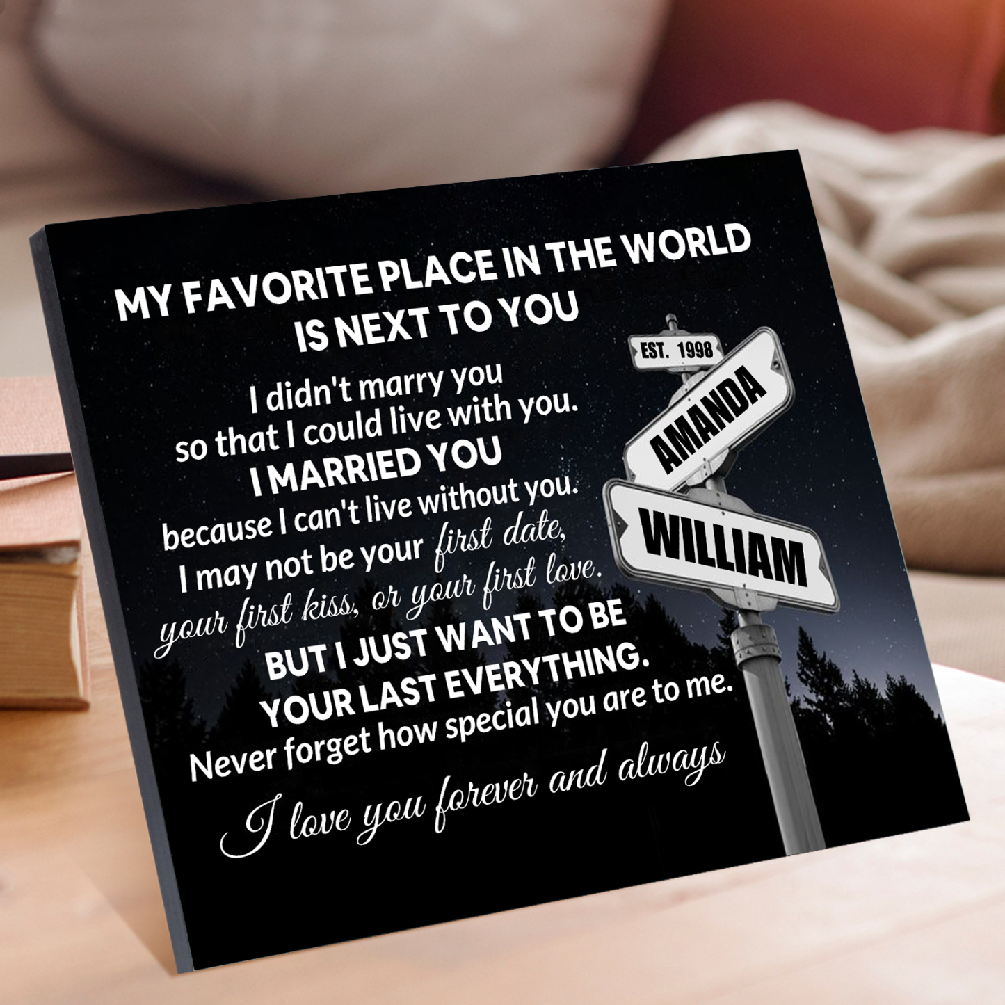 Personalized 2 Names and Year Wooden Plaque My Favorite Place in the World Is by Your Side Gift for Couples