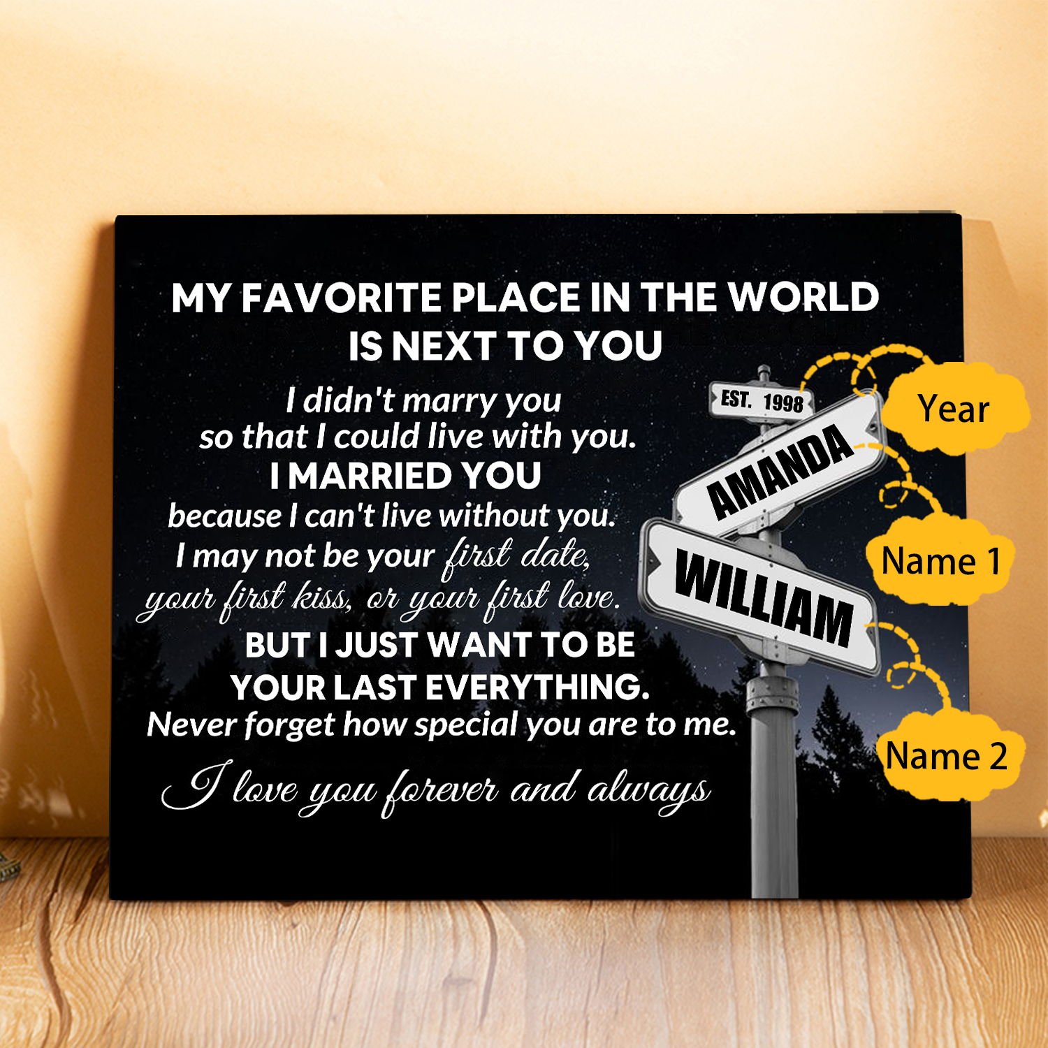 Personalized 2 Names and Year Wooden Plaque My Favorite Place in the World Is by Your Side Gift for Couples