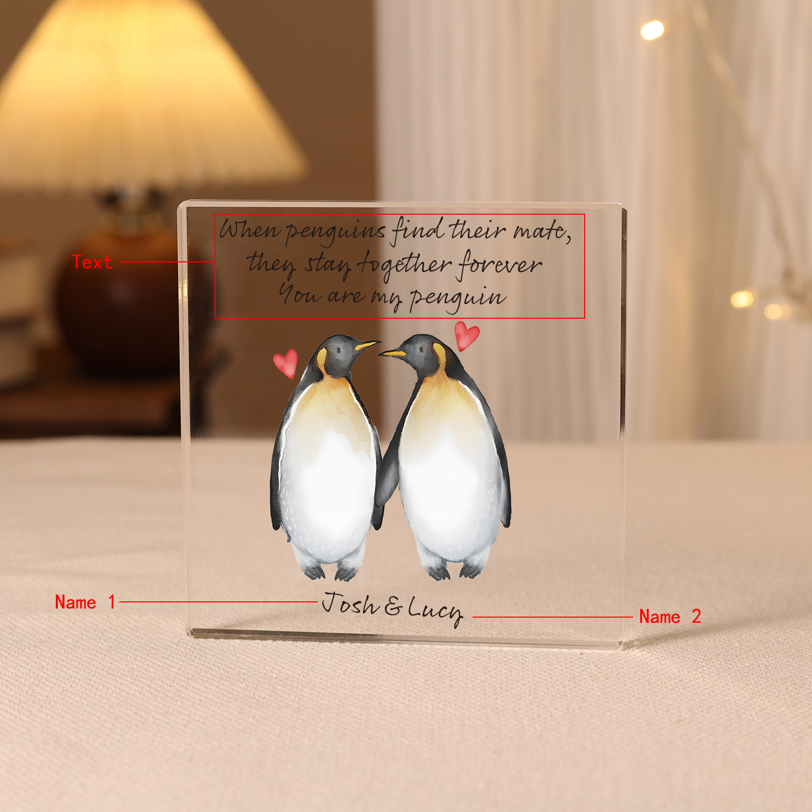 Personalised Acrylic Plaque 2 Penguins Holding Hands Valentine’s Day Gift for Her