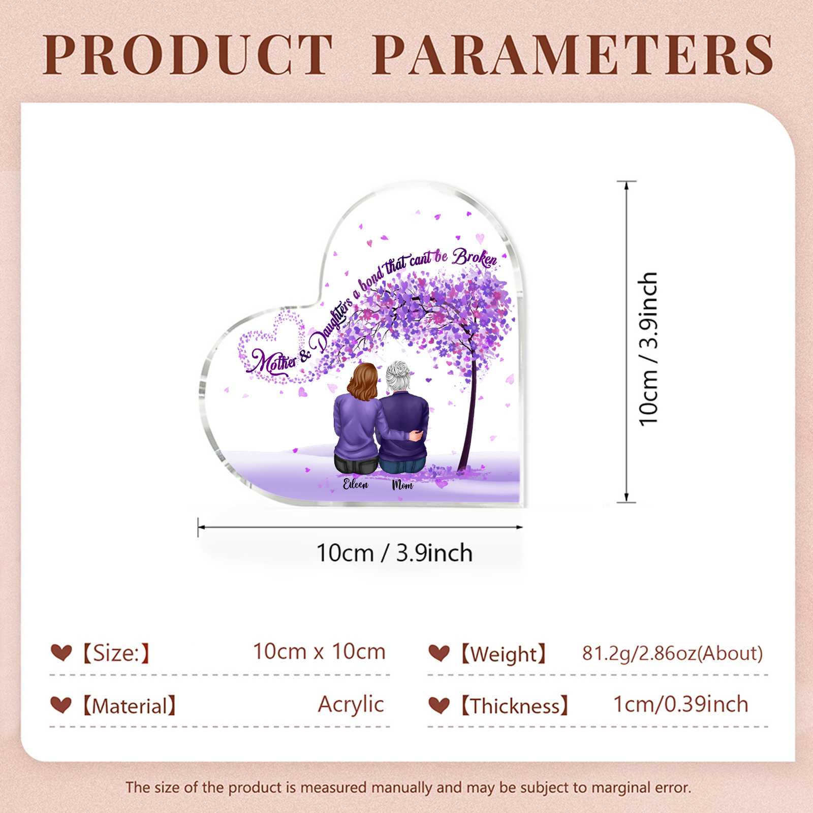 Personalized Heart Shaped Acrylic Plaque Mother and Daughters A Bond That Cant Be Broken Gift for Mom | Lorajewel