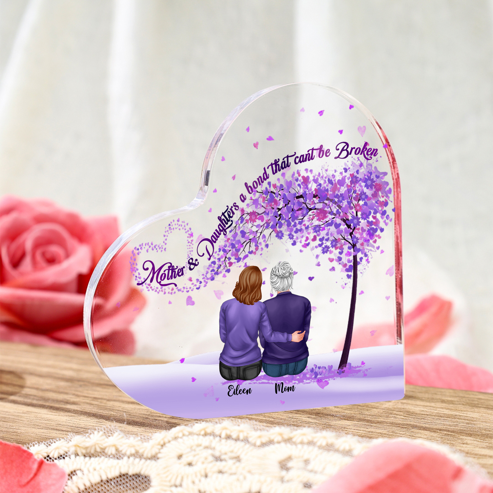 Personalized Heart Shaped Acrylic Plaque Mother and Daughters A Bond That Cant Be Broken Gift for Mom | Lorajewel