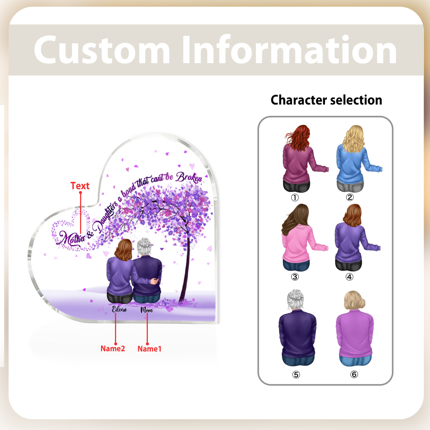 Personalized Heart Shaped Acrylic Plaque Mother and Daughters A Bond That Cant Be Broken Gift for Mom | Lorajewel