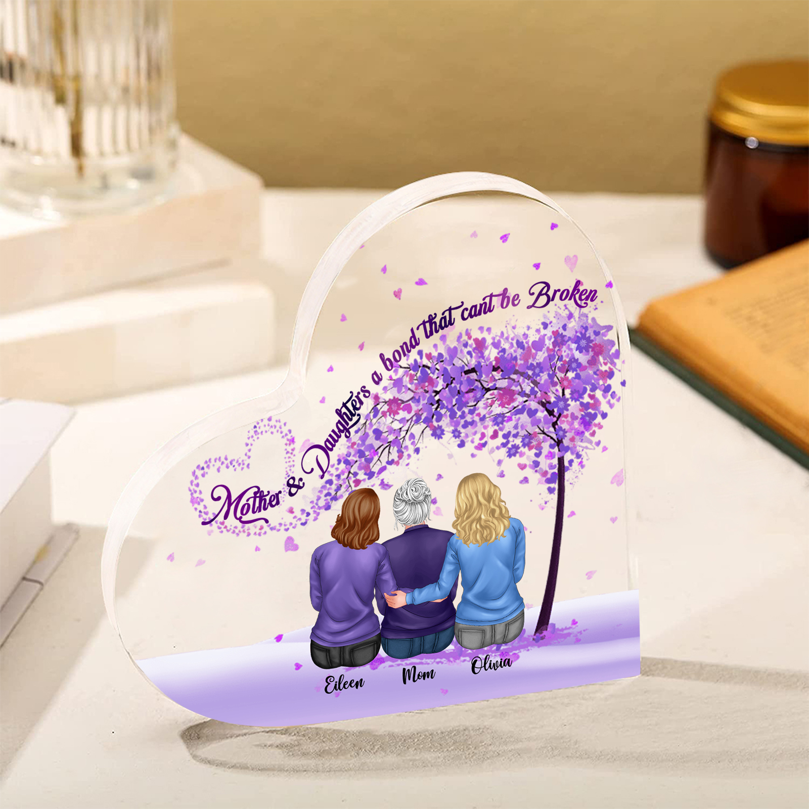 Personalized Heart Shaped Acrylic Plaque Mother and Daughters A Bond That Cant Be Broken Gift for Mom | Lorajewel