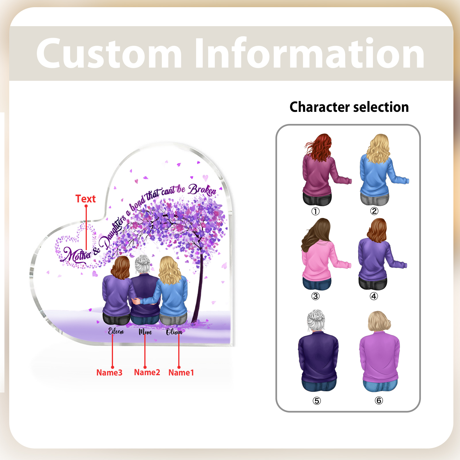 Personalized Heart Shaped Acrylic Plaque Mother and Daughters A Bond That Cant Be Broken Gift for Mom | Lorajewel