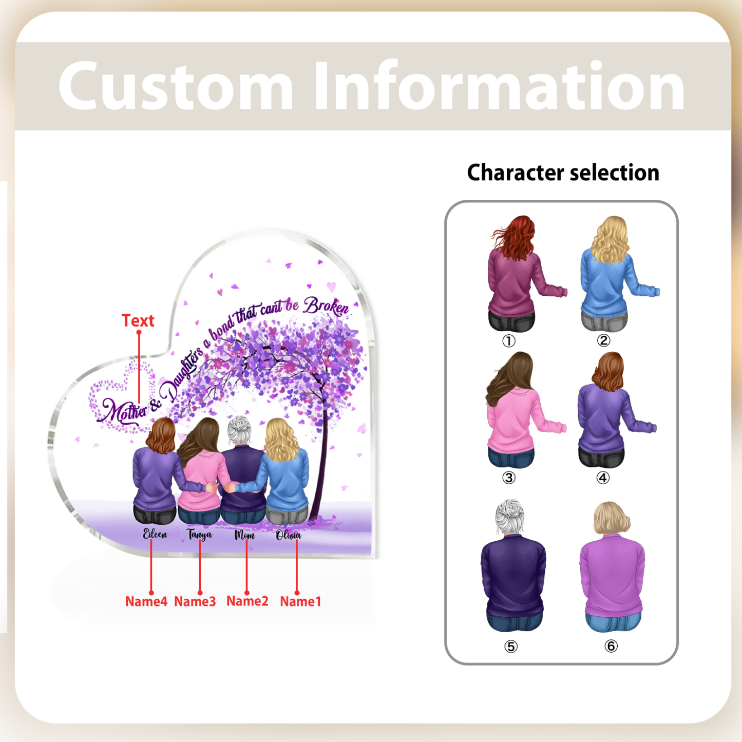 Personalized Heart Shaped Acrylic Plaque Mother and Daughters A Bond That Cant Be Broken Gift for Mom | Lorajewel