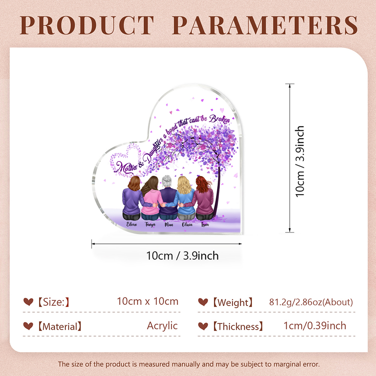 Personalized Heart Shaped Acrylic Plaque Mother and Daughters A Bond That Cant Be Broken Gift for Mom | Lorajewel