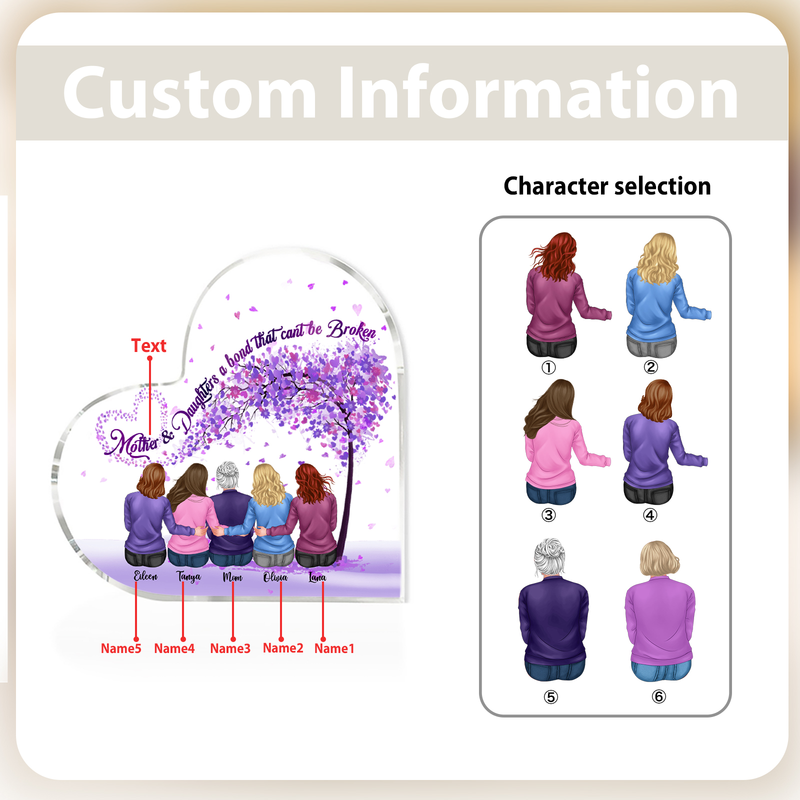 Personalized Heart Shaped Acrylic Plaque Mother and Daughters A Bond That Cant Be Broken Gift for Mom | Lorajewel