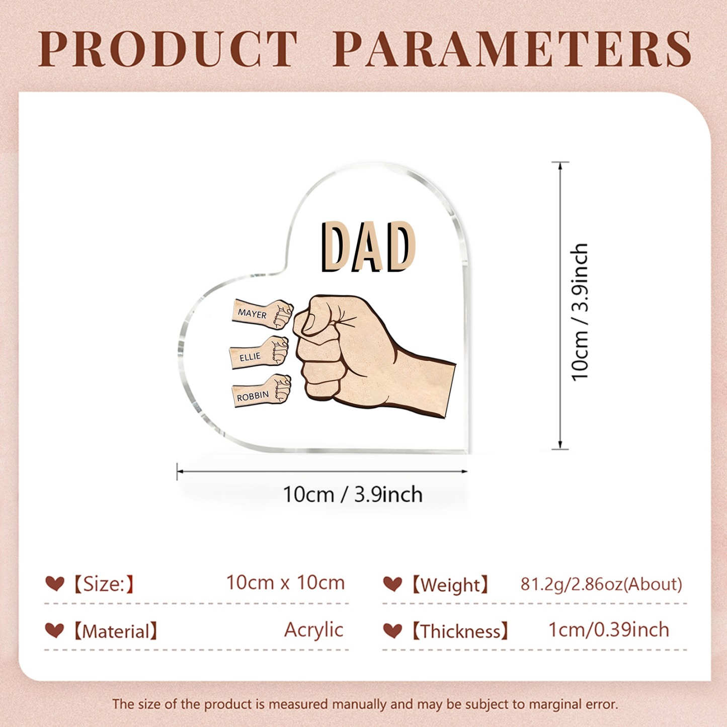 Personalized Heart Shaped Acrylic Plaque Father and Child Fist Custom Gift for Dad | Lorajewel