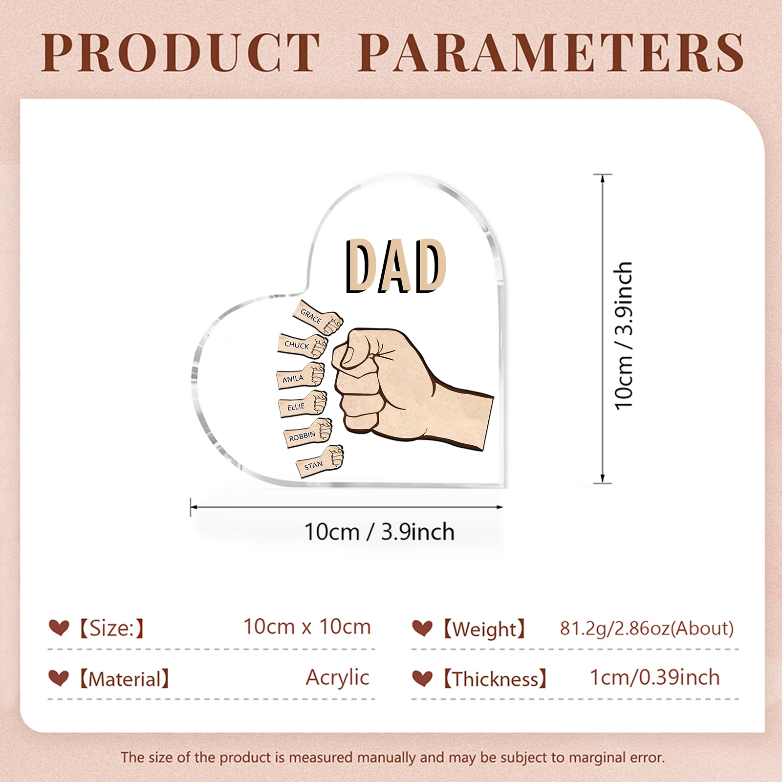 Personalized Heart Shaped Acrylic Plaque Father and Child Fist Custom Gift for Dad | Lorajewel