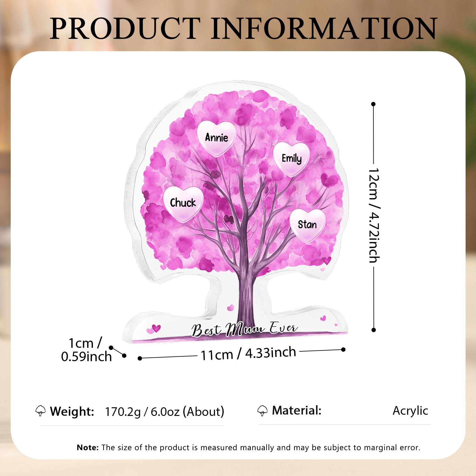 Personalized Tree Shaped Acrylic Plaque Best Mom Ever Custom Family Tree Gift for Mom | Lorajewel