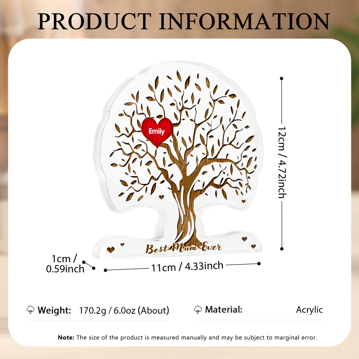 Personalized Tree Shaped Acrylic Plaque Best Mom Ever Custom Family Tree Gift for Mom | Lorajewel