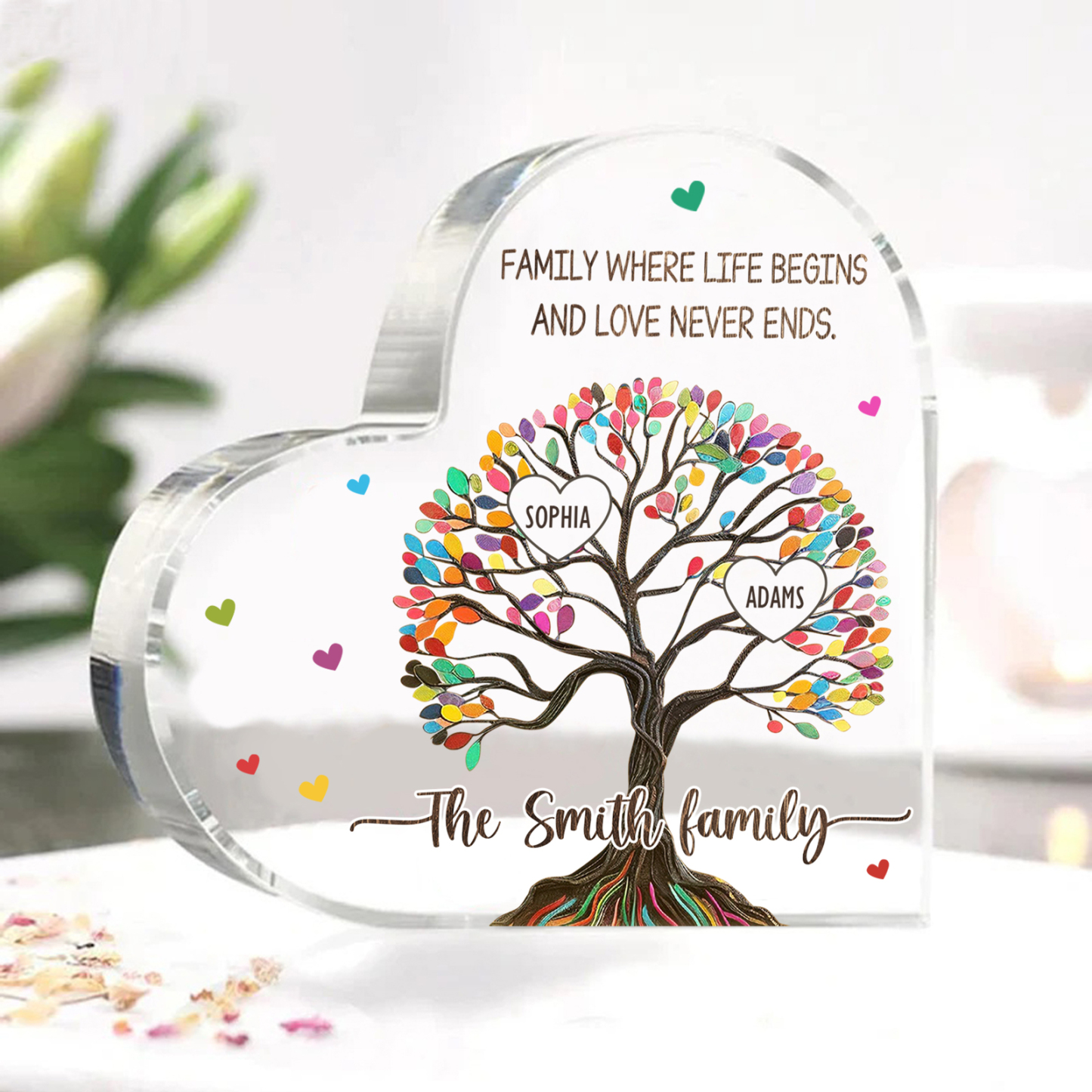 Personalized 2 Names & 2 Texts Heart-Shaped Acrylic Plaque, Custom Family Tree Gift for Mom/Nana | Lorajewel