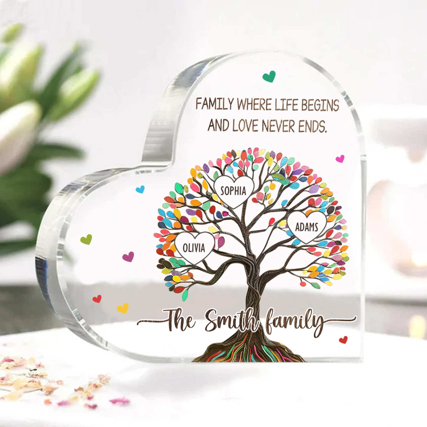 Personalized 3 Names & 2 Texts Heart-Shaped Acrylic Plaque, Custom Family Tree Gift for Mom/Nana | Lorajewel