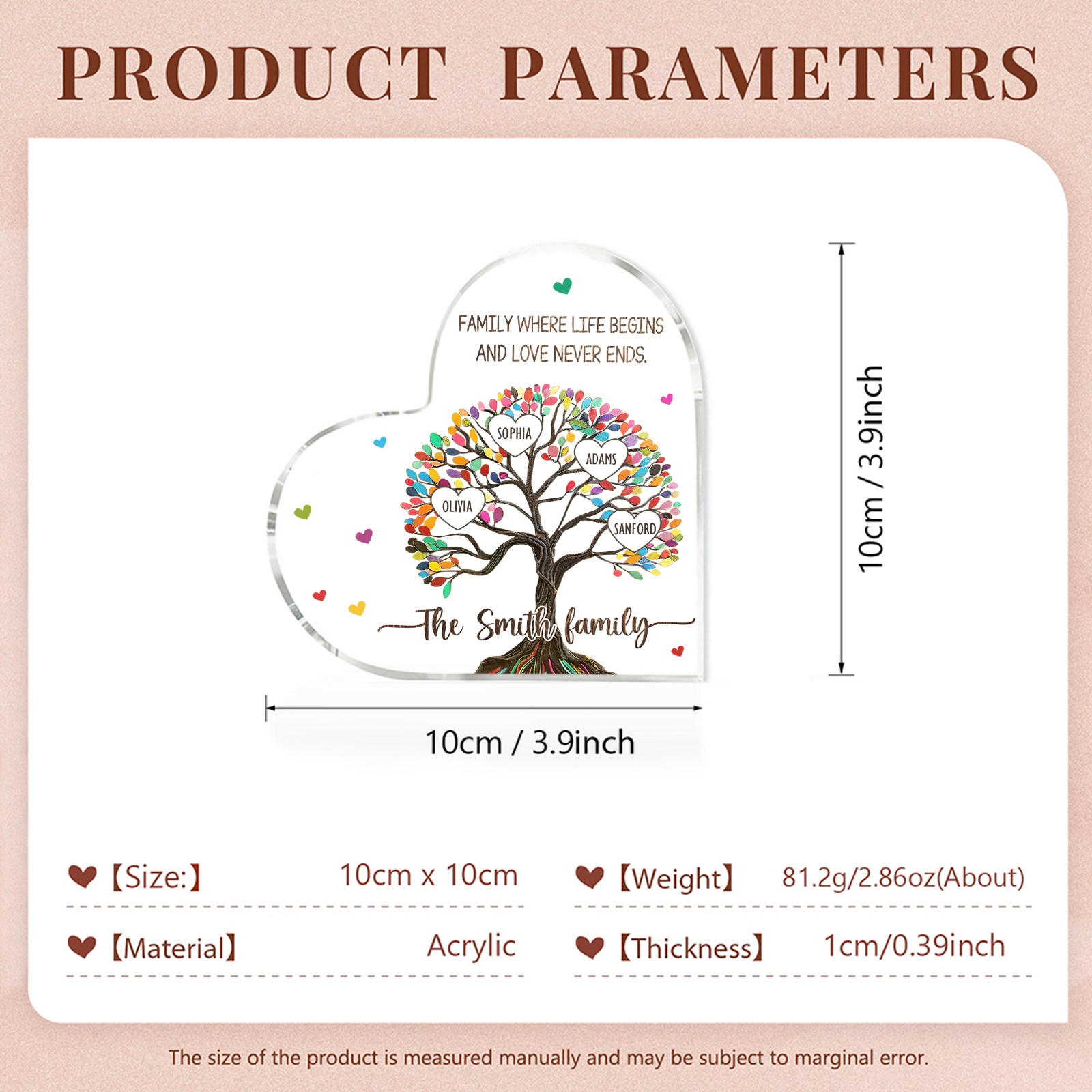 Personalised 4 Names&2 Texts Heart-Shaped Acrylic Plaque �C Custom Family Tree Gift for Mum/Nan | Jessemade