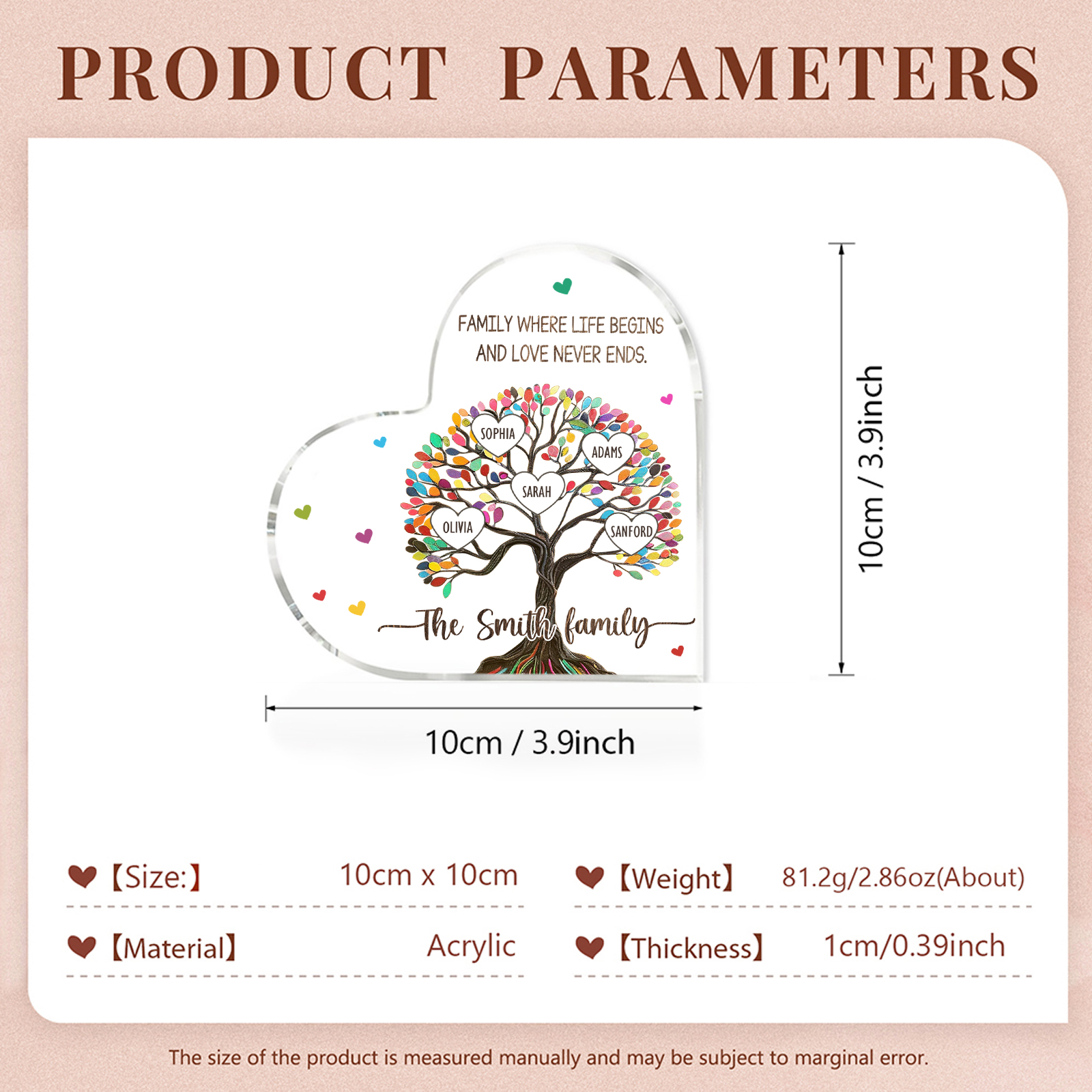 Personalised 5 Names&2 Texts Heart-Shaped Acrylic Plaque �C Custom Family Tree Gift for Mum/Nan | Jessemade