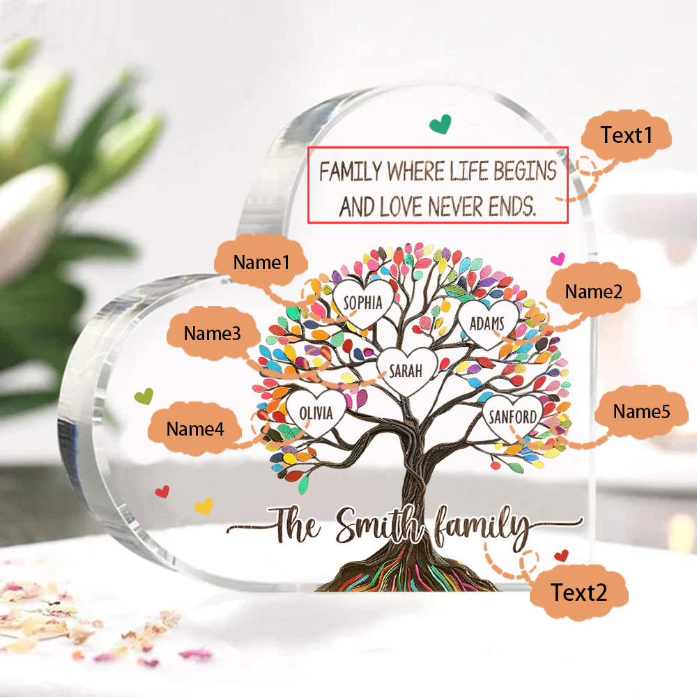 Personalised 5 Names&2 Texts Heart-Shaped Acrylic Plaque �C Custom Family Tree Gift for Mum/Nan | Jessemade