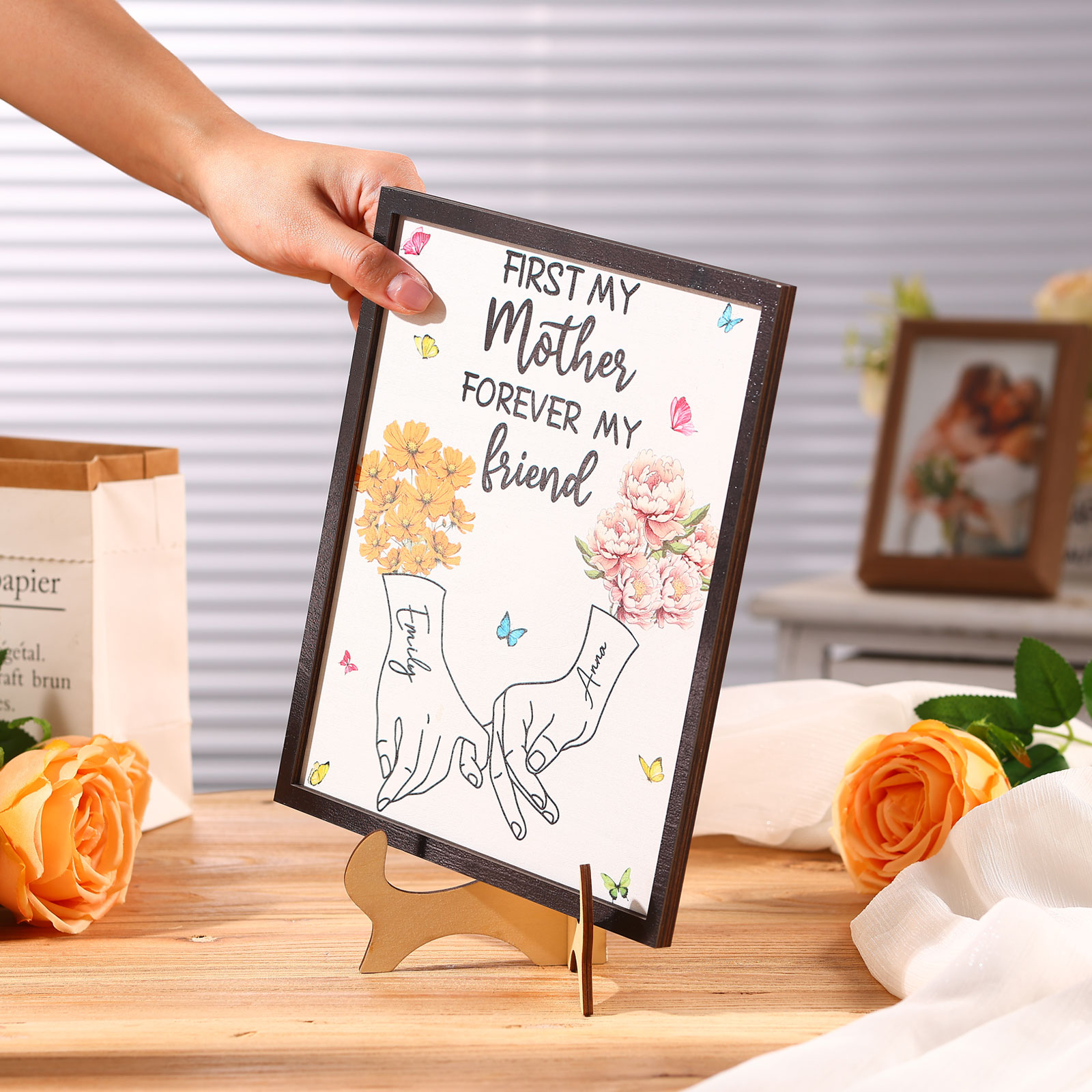 Custom Wooden Ornament Sign – Personalized with 2 Names and Birthday Flowers – “First My Mother, Forever My Friend” Stand Decor for Mom, Grandma, or Loved Ones