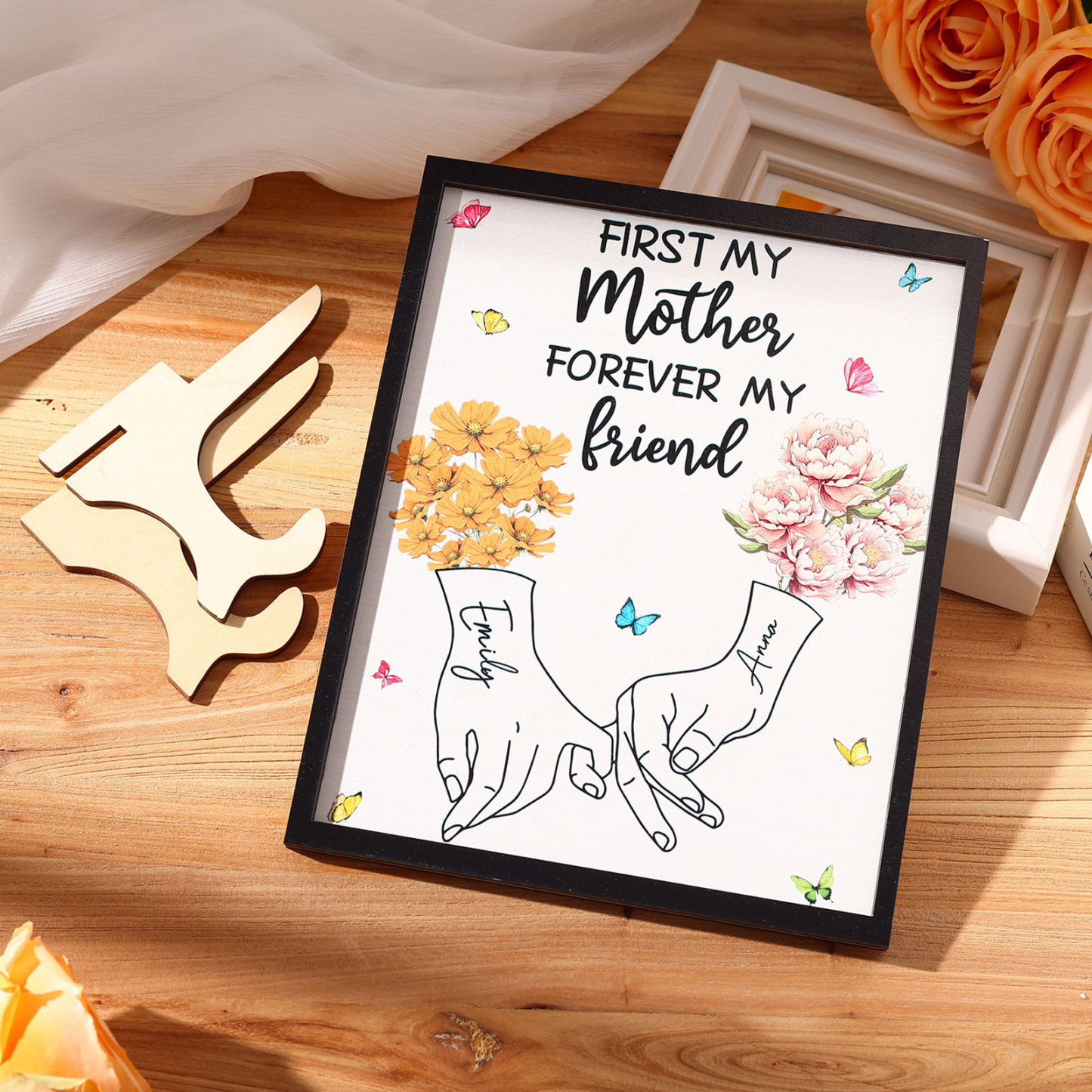 Custom Wooden Ornament Sign – Personalized with 2 Names and Birthday Flowers – “First My Mother, Forever My Friend” Stand Decor for Mom, Grandma, or Loved Ones
